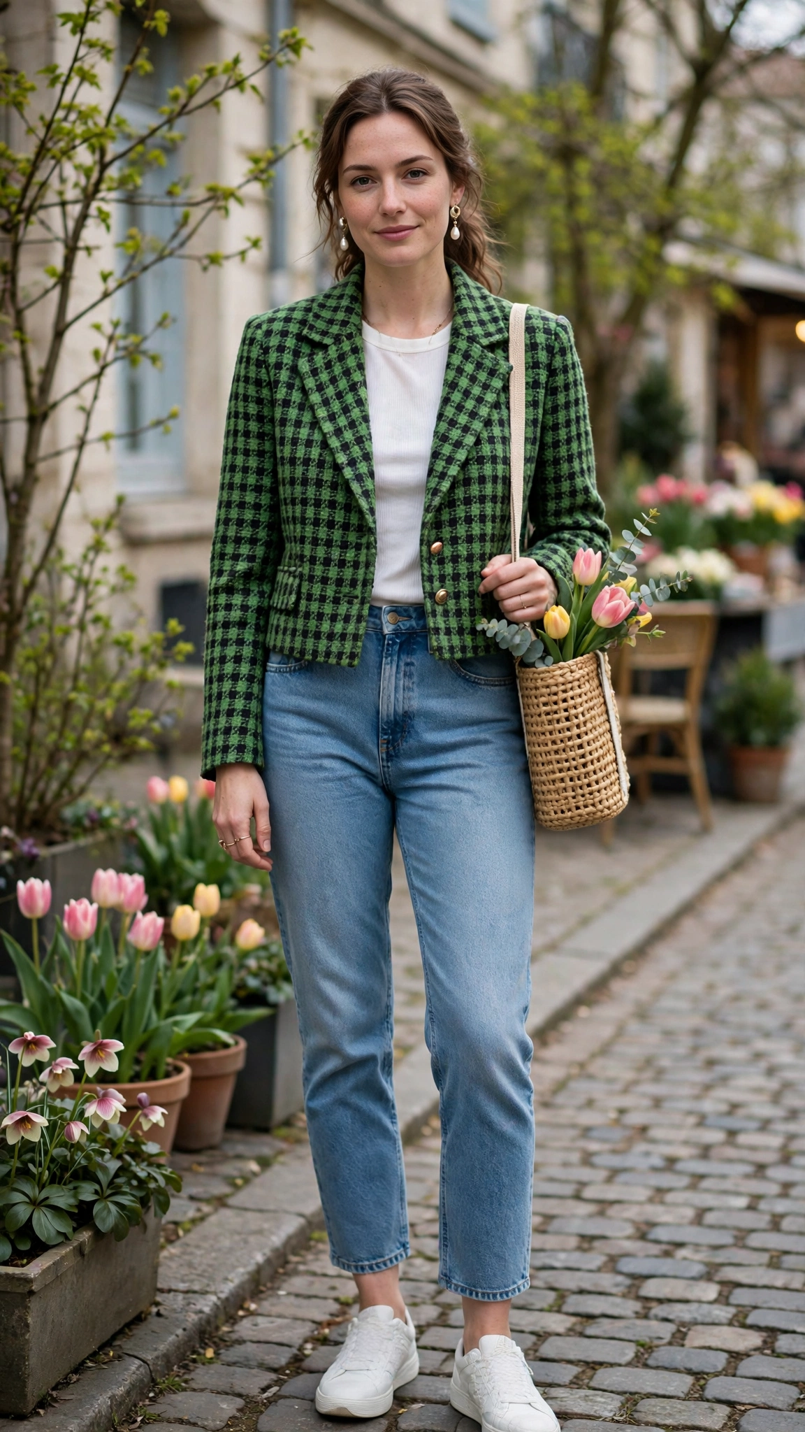 Green Tweed Check Cropped Tweed Blazer with pearl drop earrings