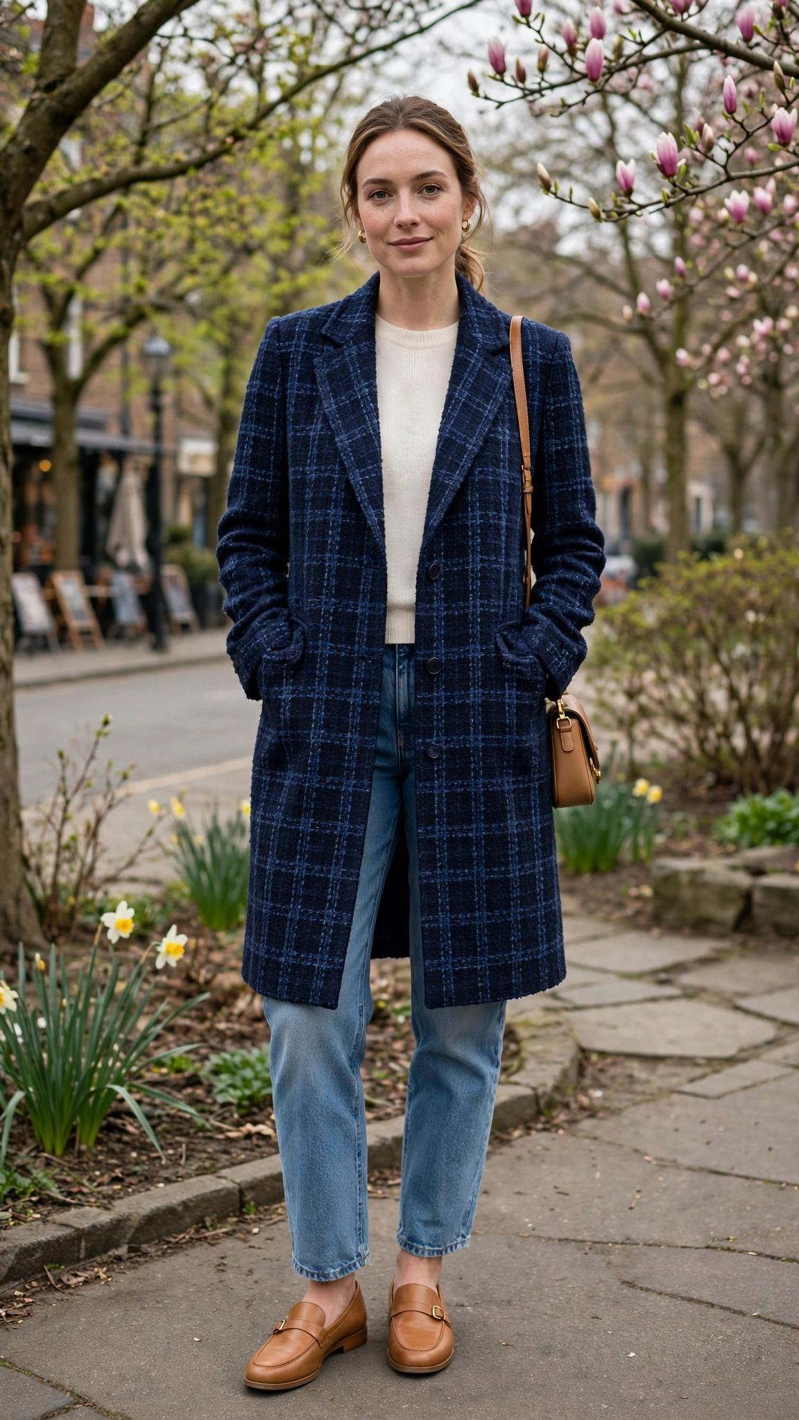 Navy Tweed Check Long Tweed Blazer with tan leather loafers