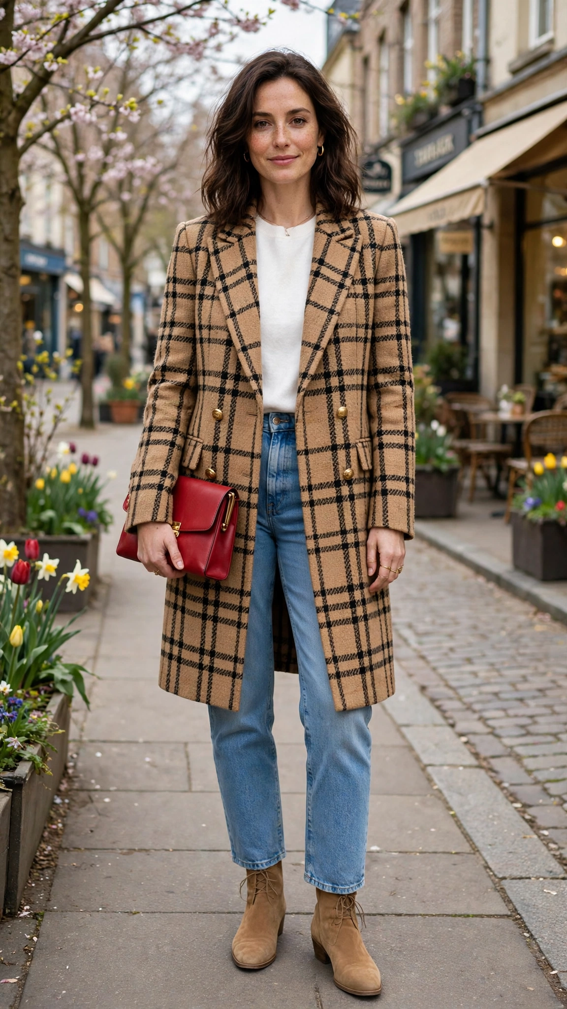 Camel Tweed Check Long Tweed Blazer with a red clutch
