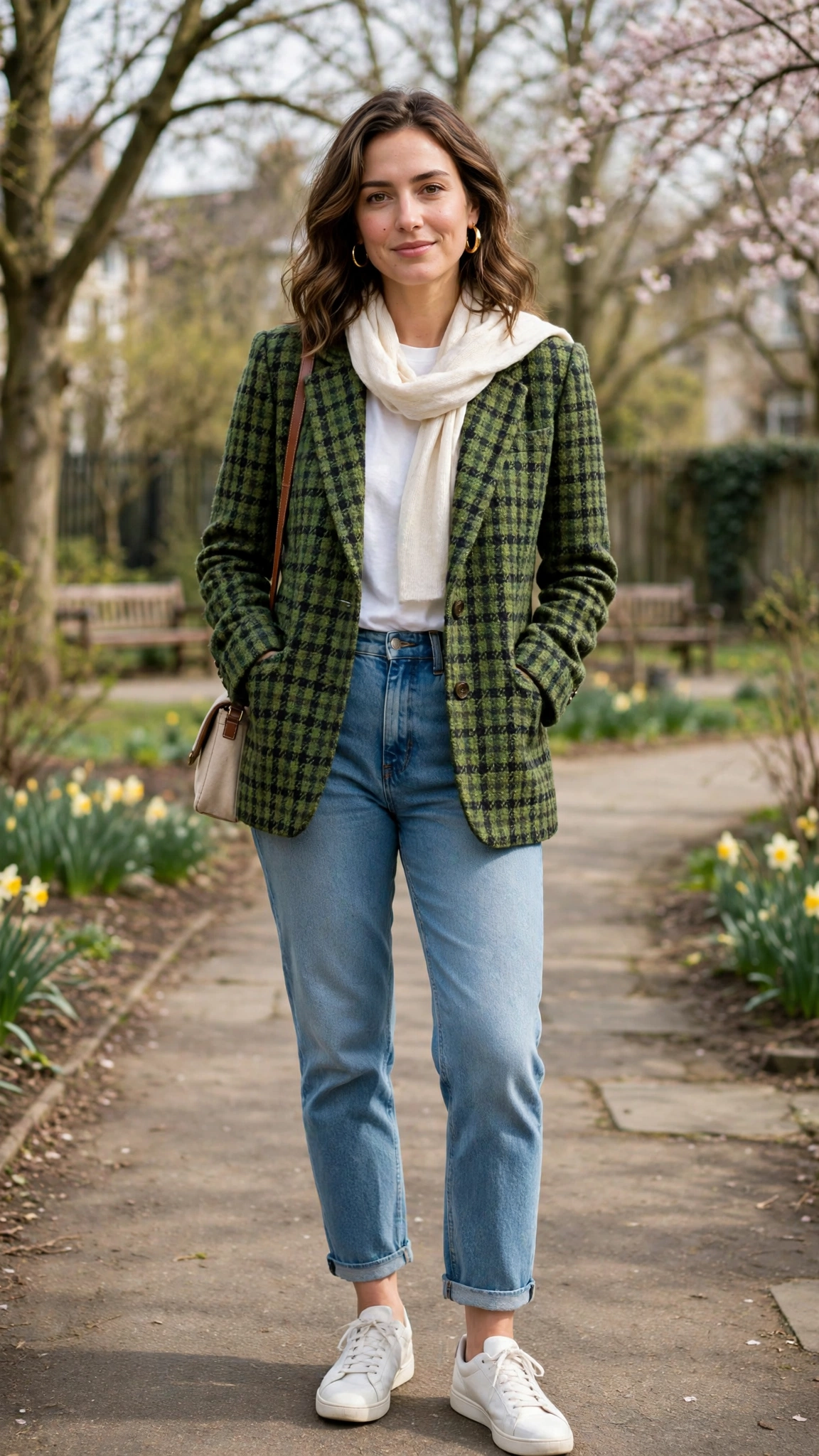 Green Tweed Check Tweed Check Blazer with gold hoop earrings
