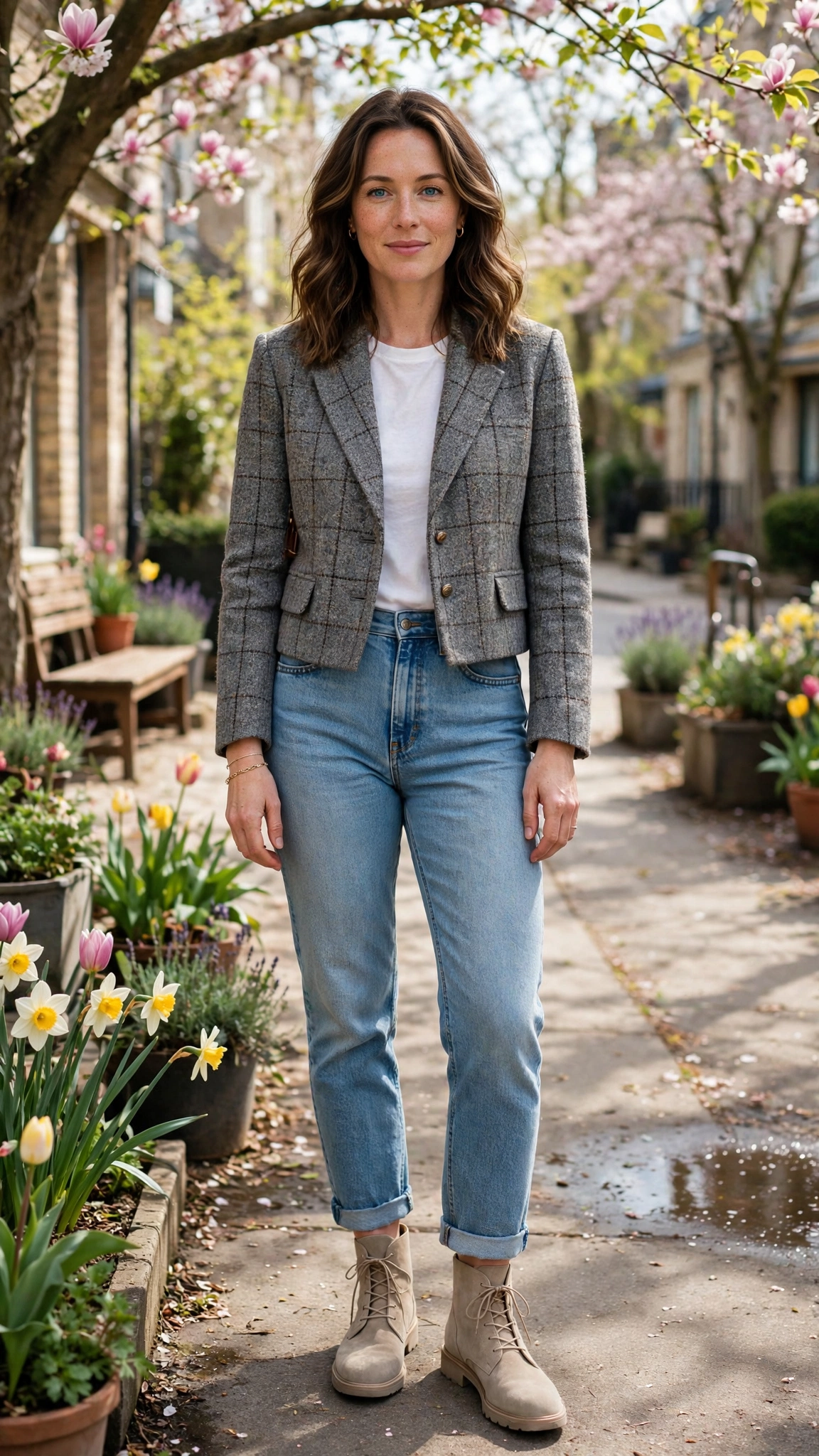 Grey Tweed Check Cropped Tweed Blazer with a delicate gold bracelet