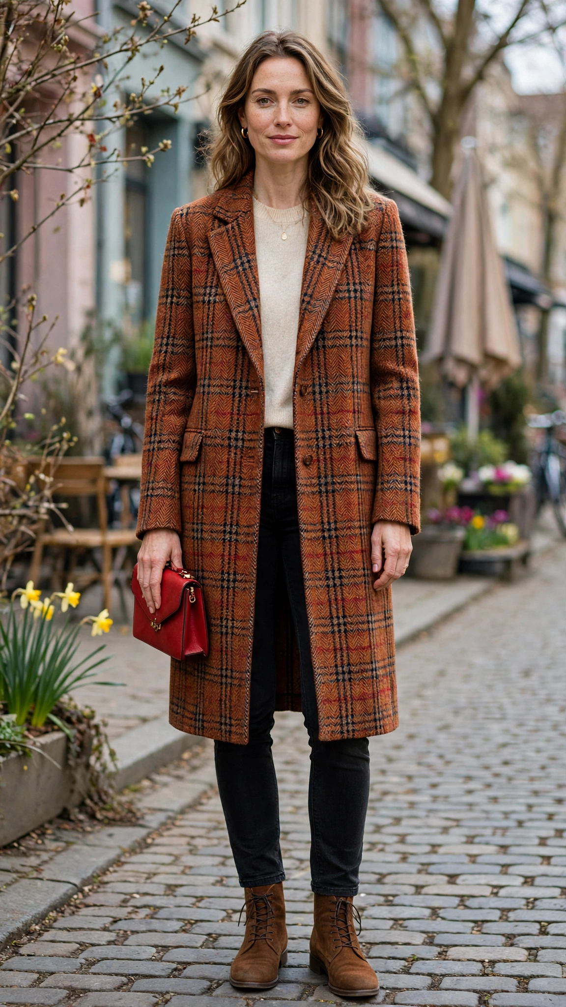 Rust Check Long Tweed Blazer with a red clutch