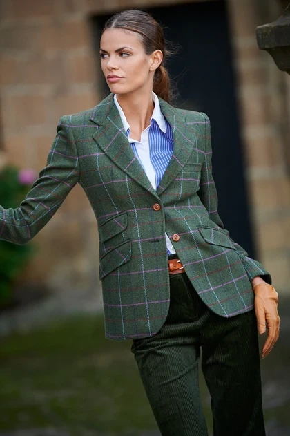 Green Tweed Check Belted Tweed Blazer with tan leather loafers