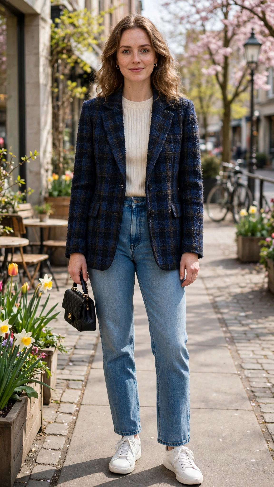 Navy Tweed Check Tweed Check Blazer with a small black clutch