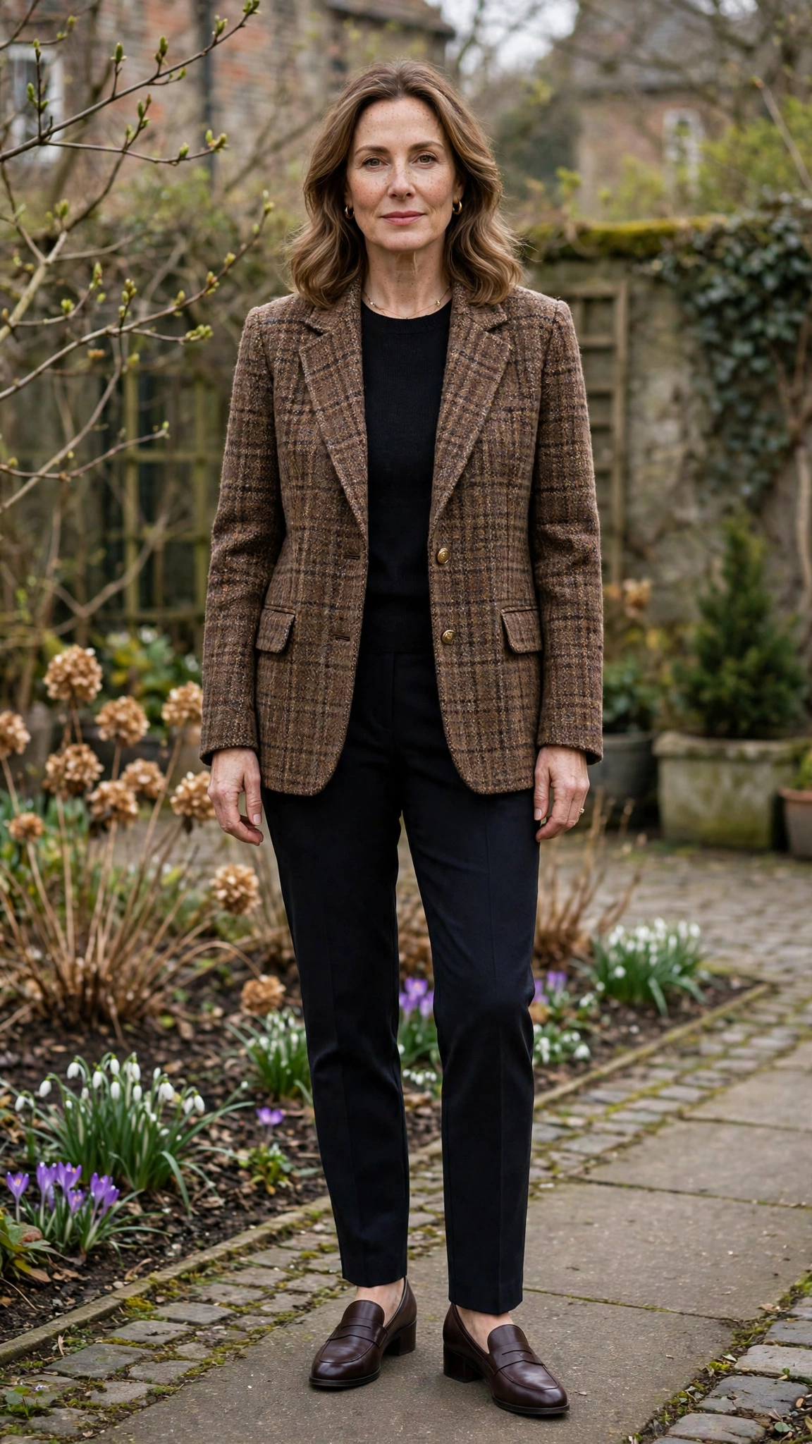 Brown Tweed Check Boxy Tweed Blazer with comfortable low heels