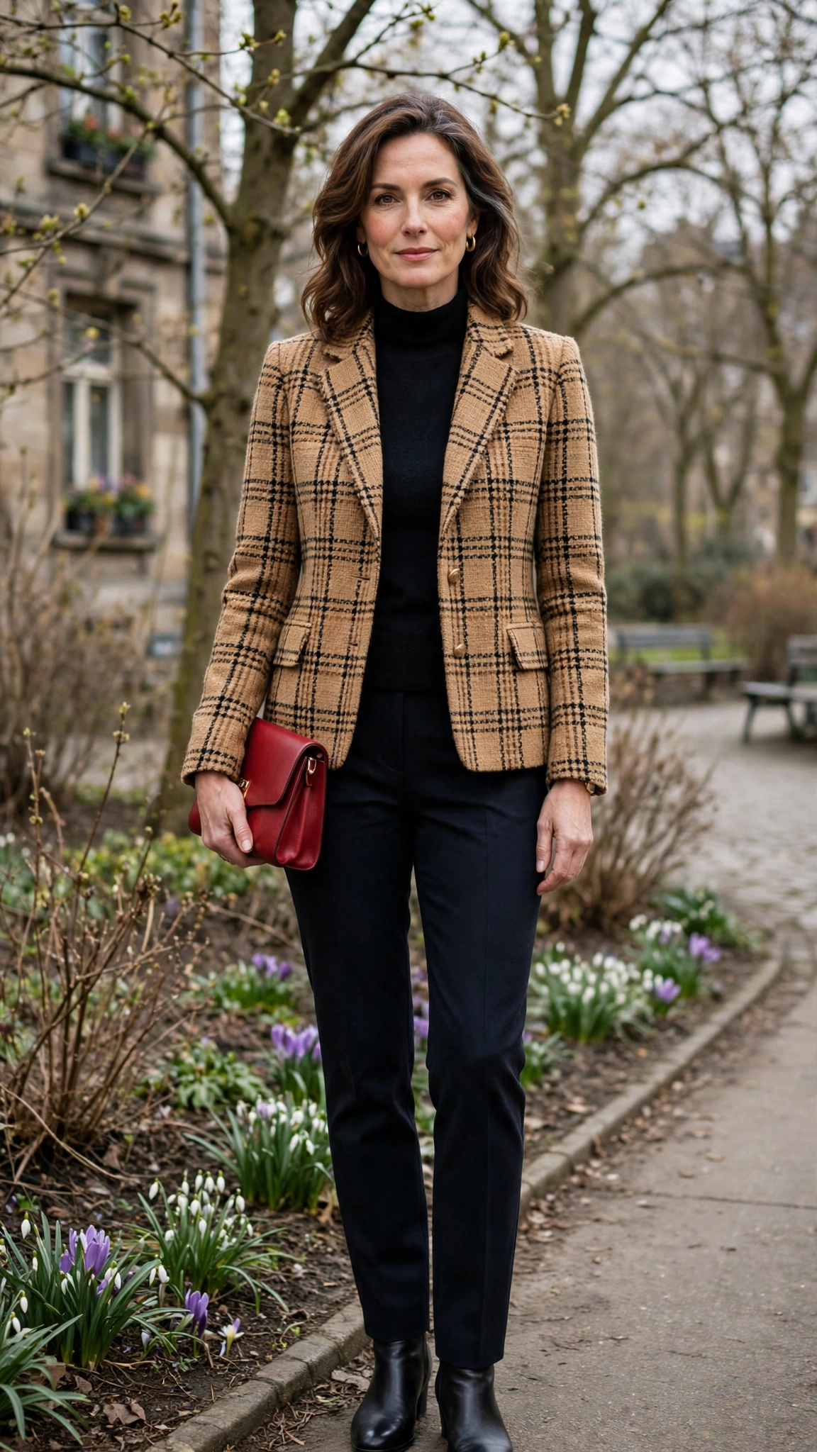 Camel Tweed Check Tweed Check Jacket with a red clutch
