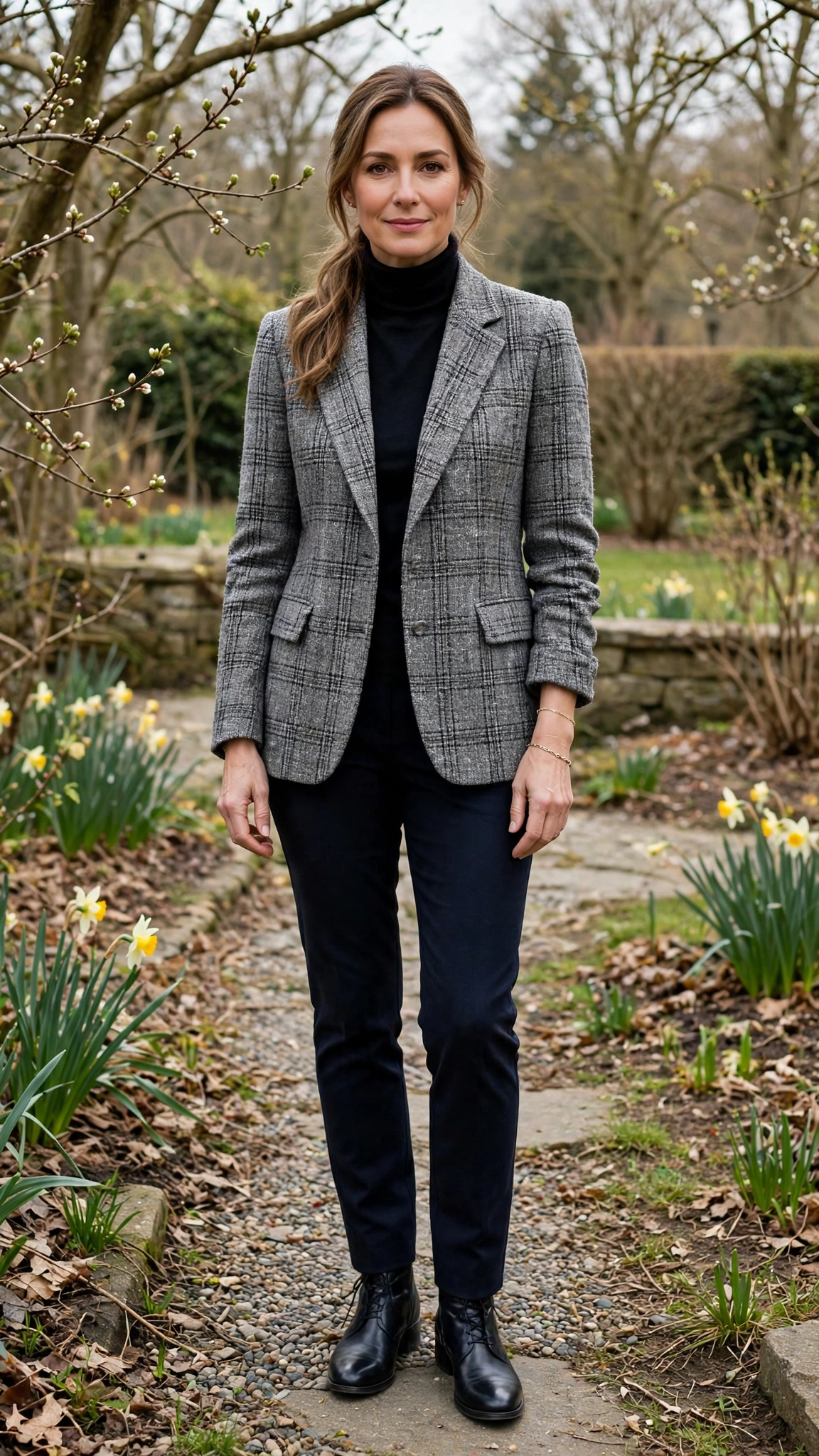 Grey Tweed Check Tweed Check Blazer with a delicate gold bracelet