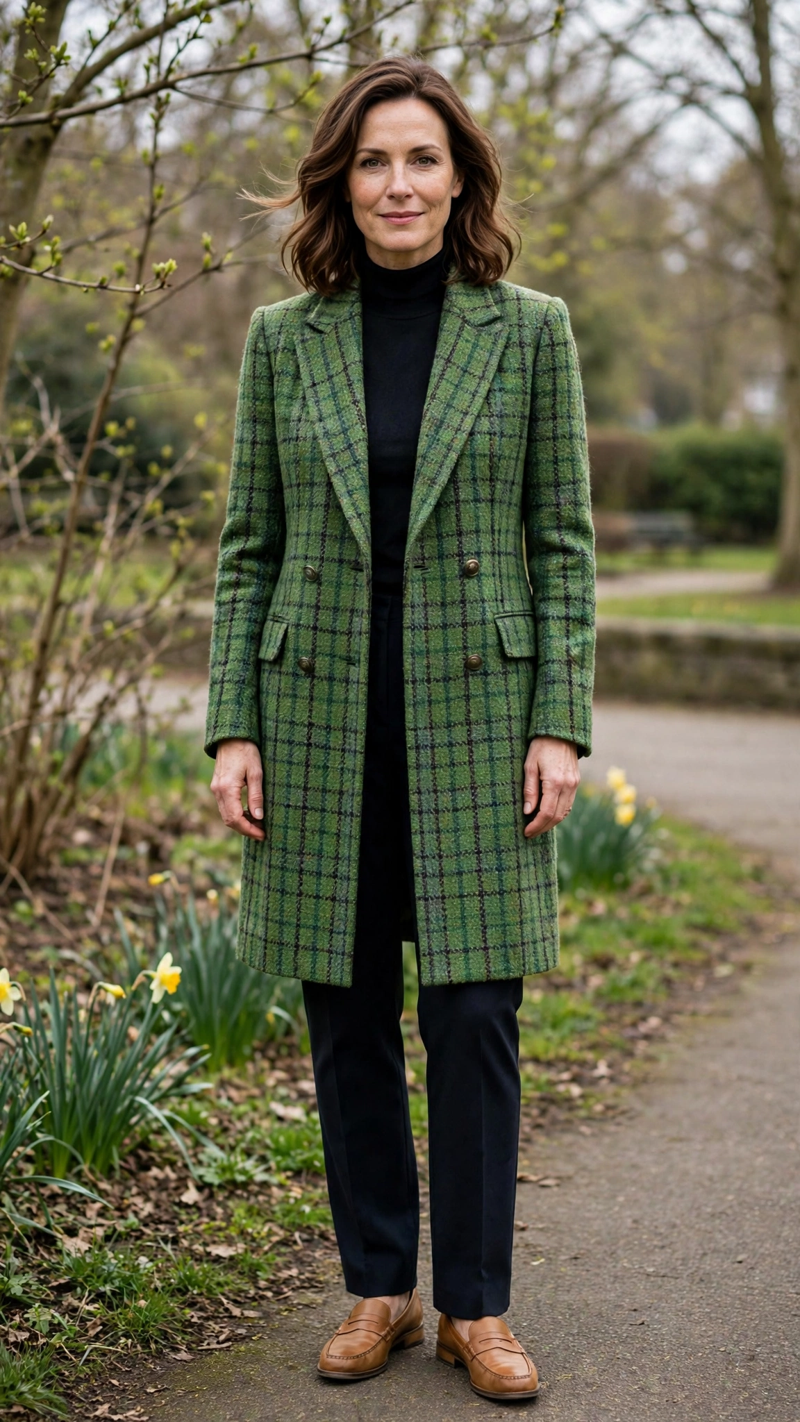 Green Tweed Check Long Tweed Blazer with tan leather loafers