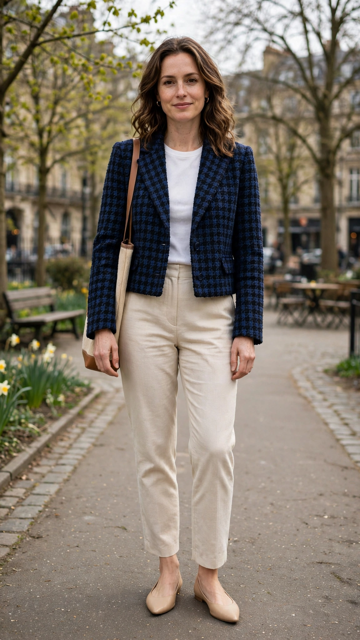 Navy Tweed Check Cropped Tweed Blazer with nude pointed flats