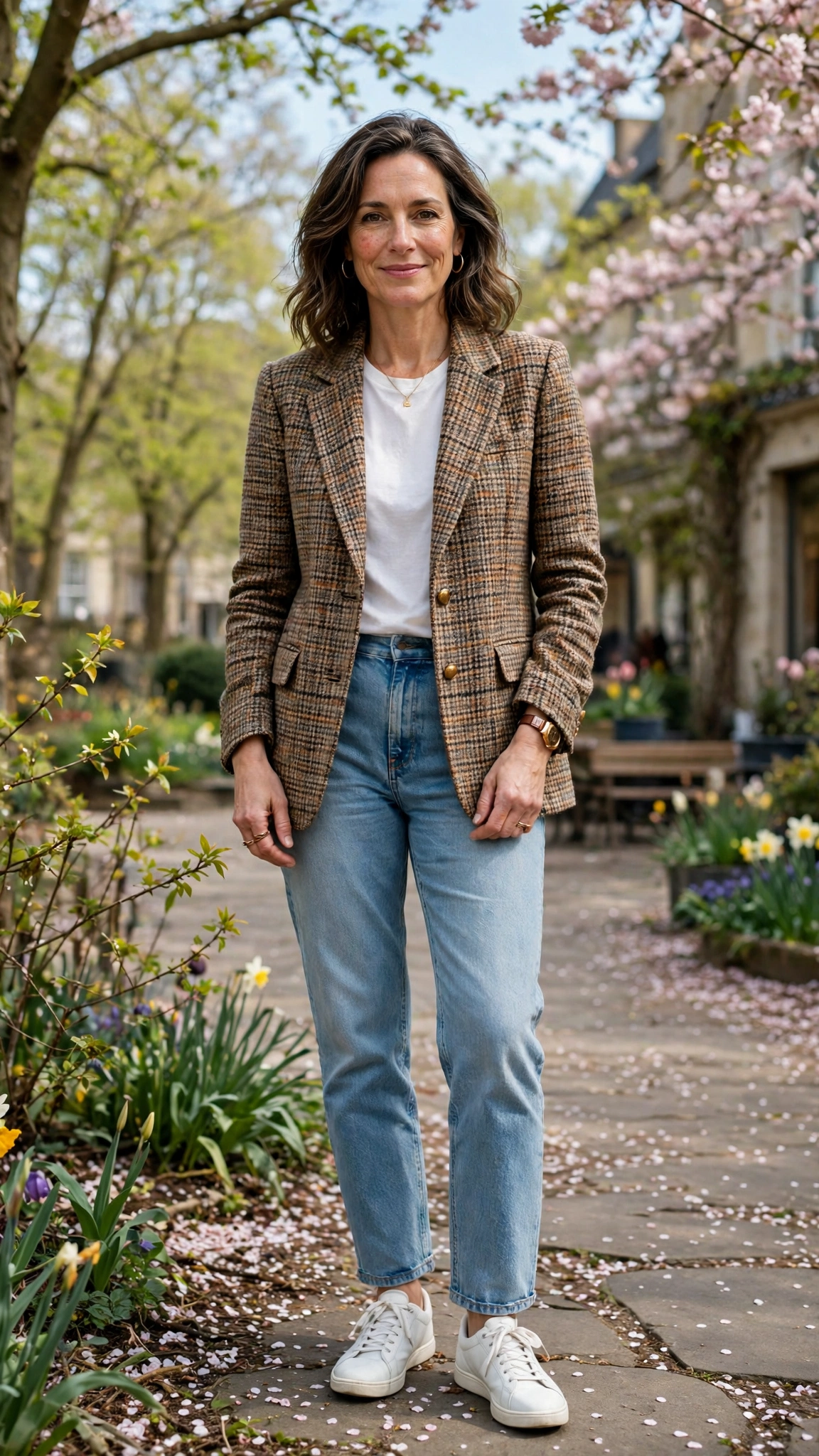Tweed check blazer with light-wash jeans