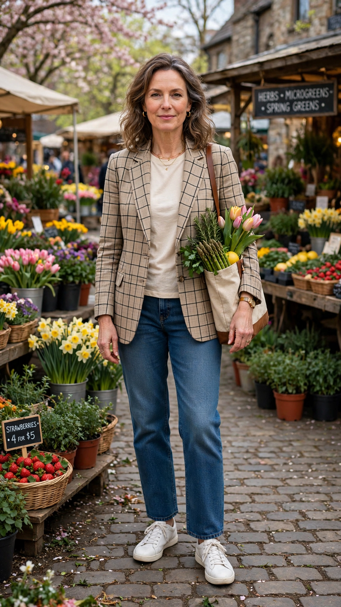 Windowpane check blazer with straight-leg jeans