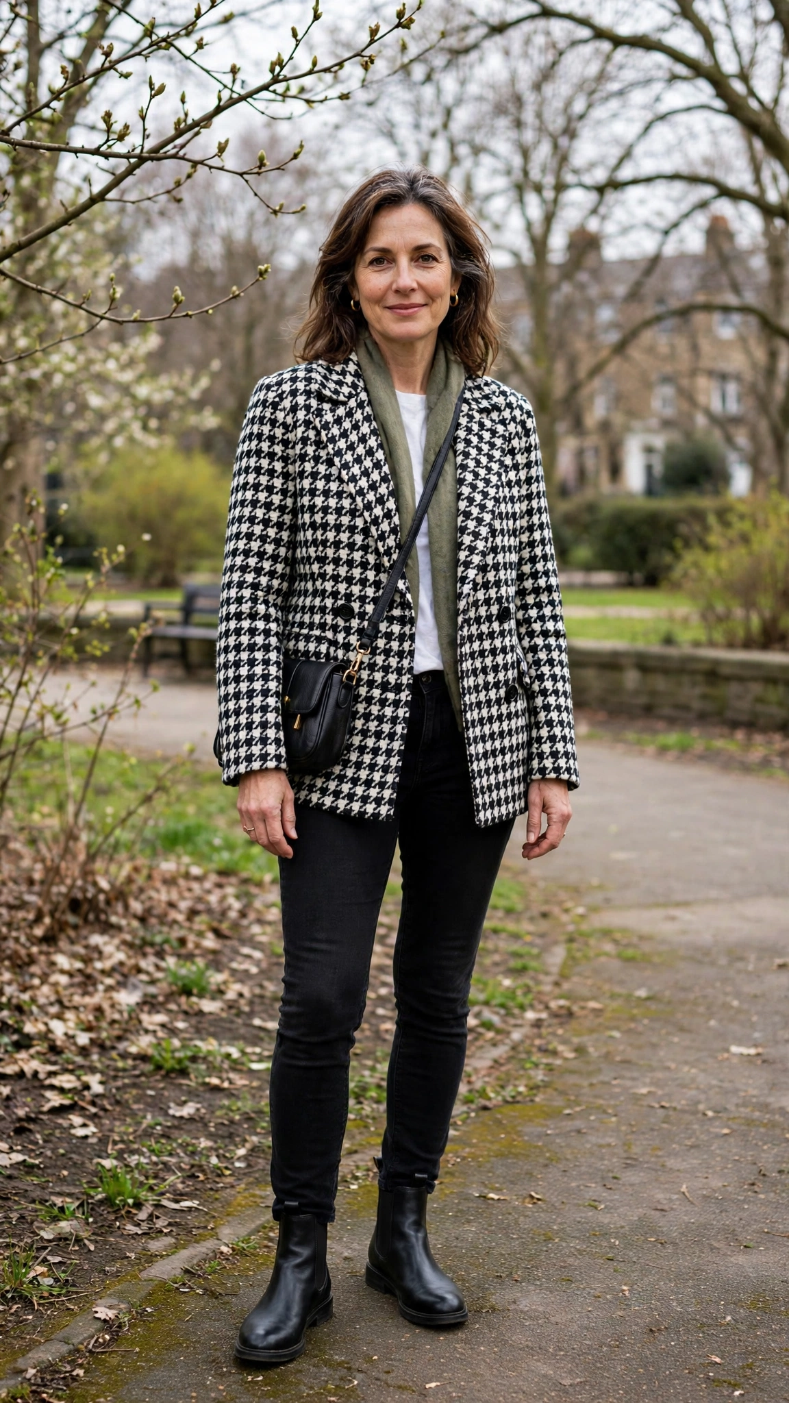 Houndstooth check jacket with black slim jeans