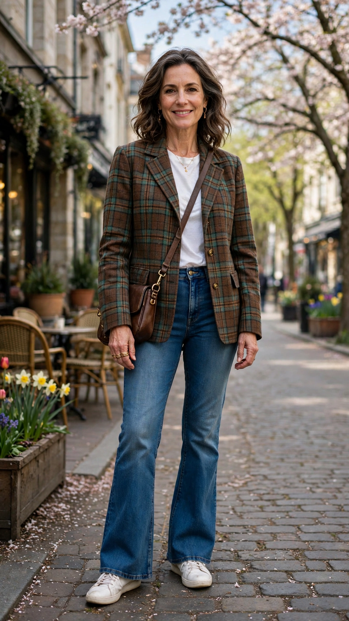Plaid check jacket with flared jeans