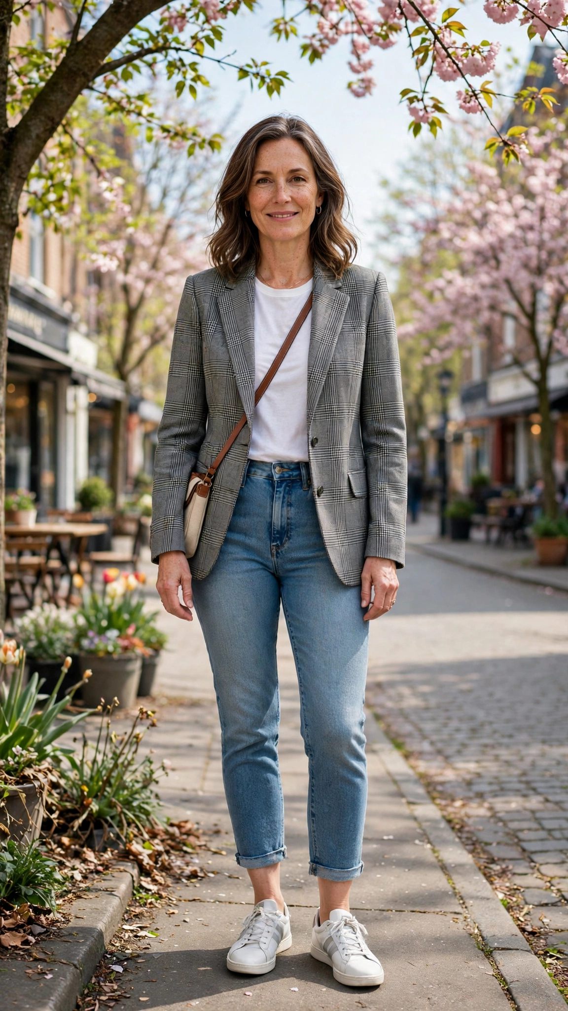 Grey check blazer with ankle jeans