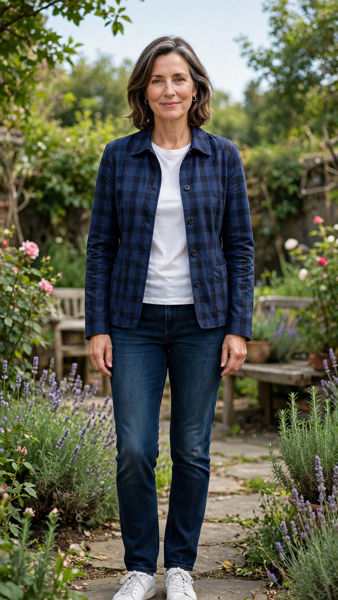 Navy check jacket with dark-wash jeans