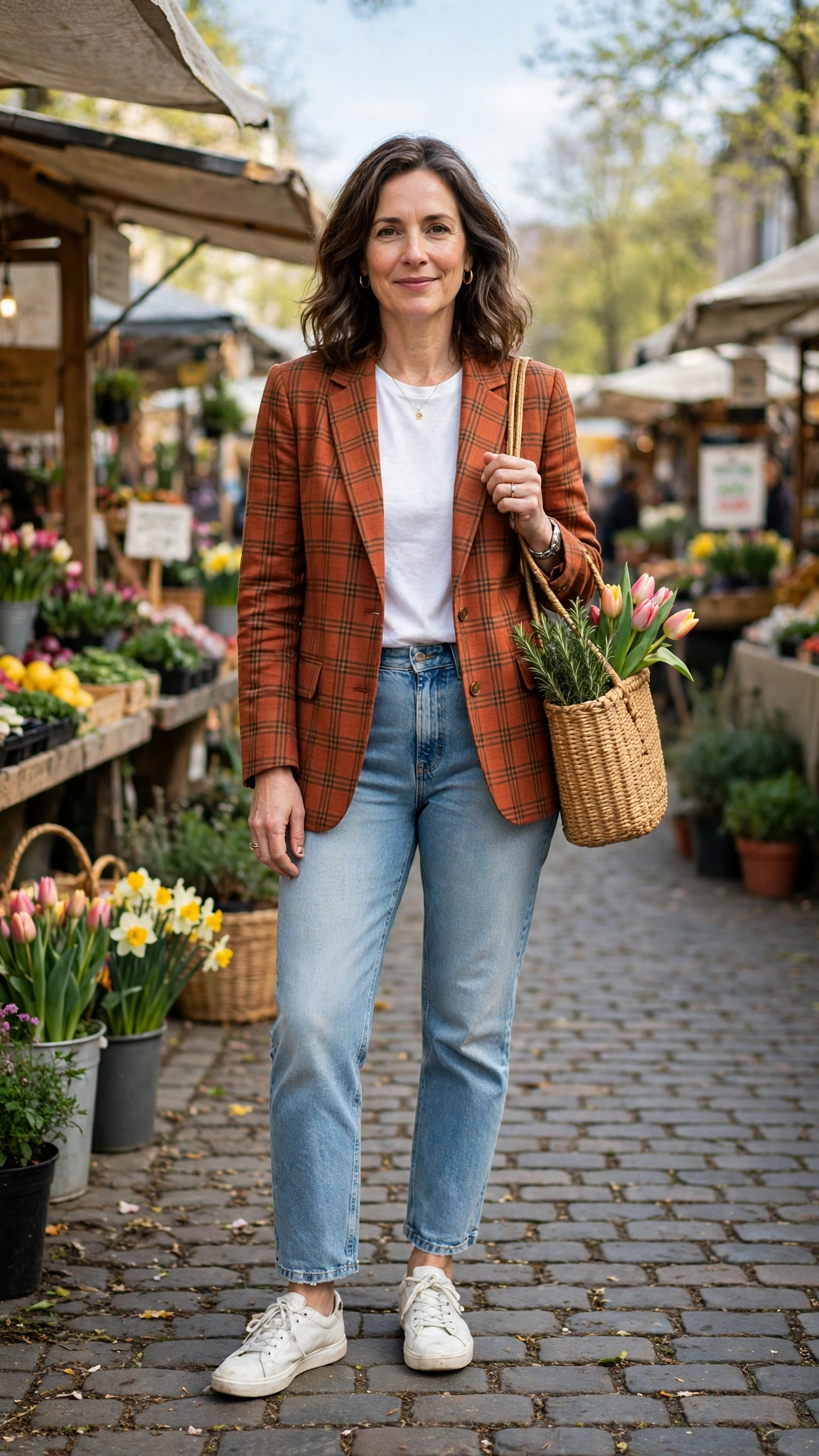 Rust check blazer with light-wash jeans
