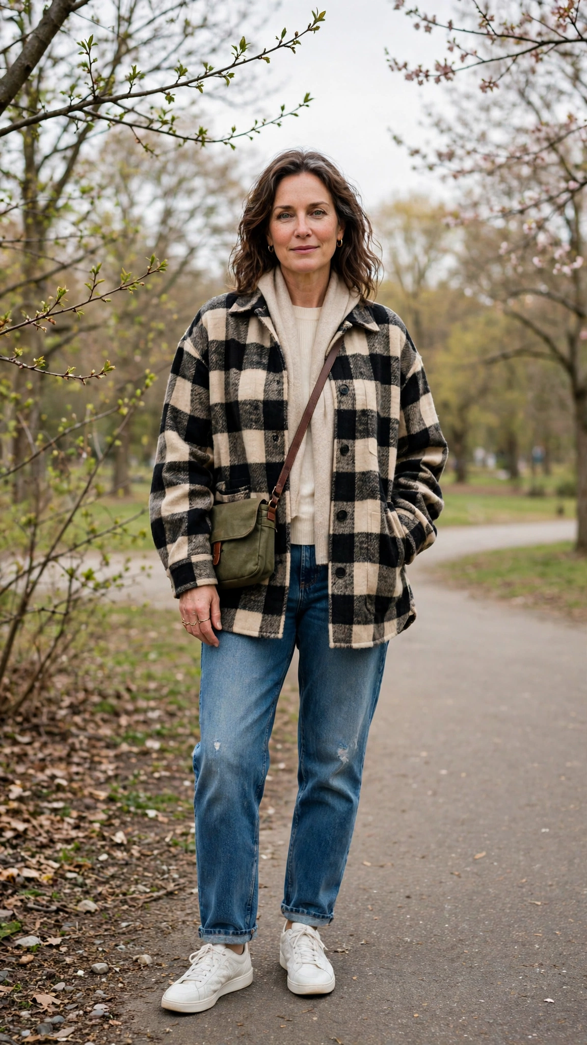 Oversized check jacket with boyfriend jeans