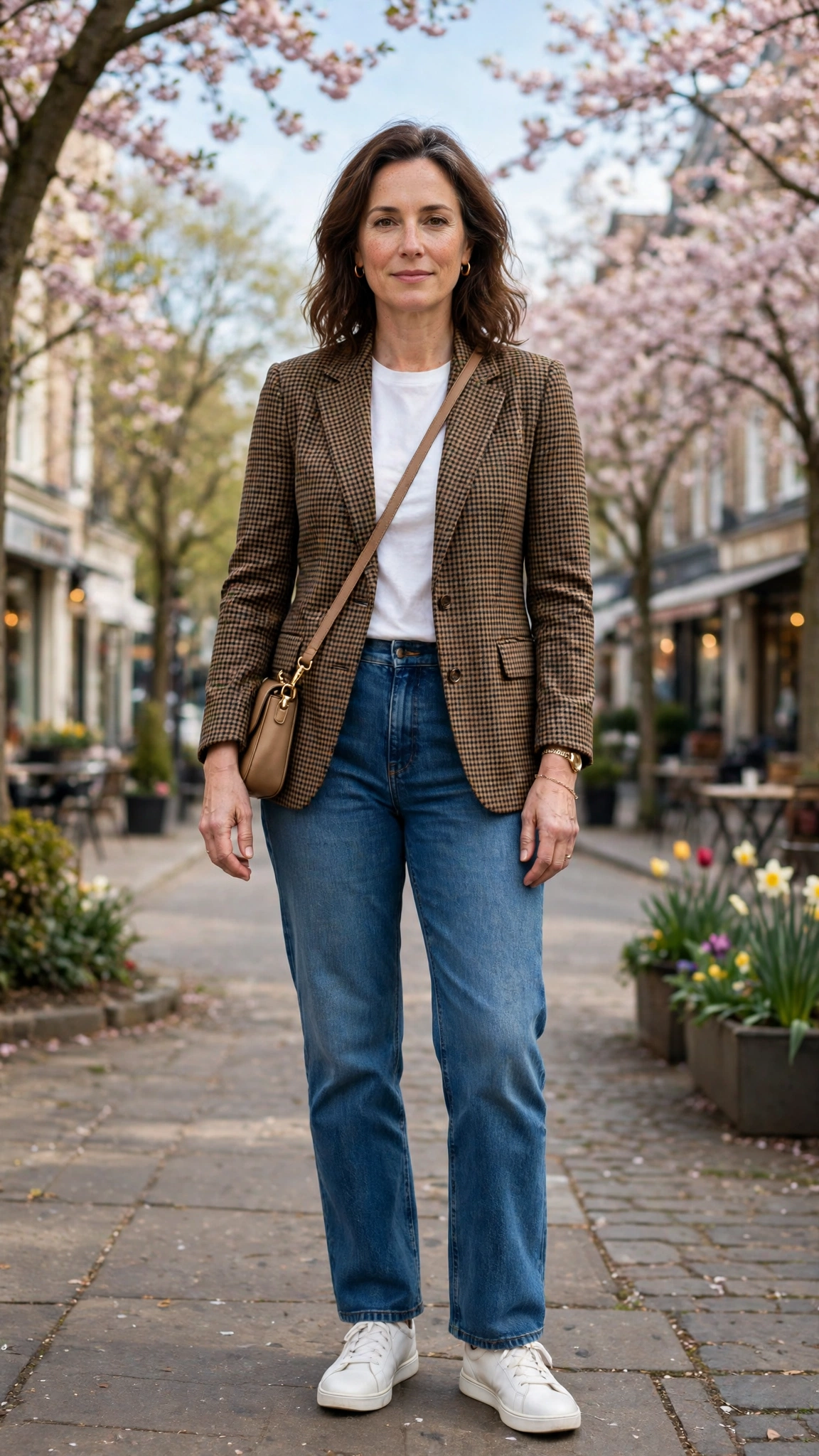 Fitted check blazer with straight-leg jeans