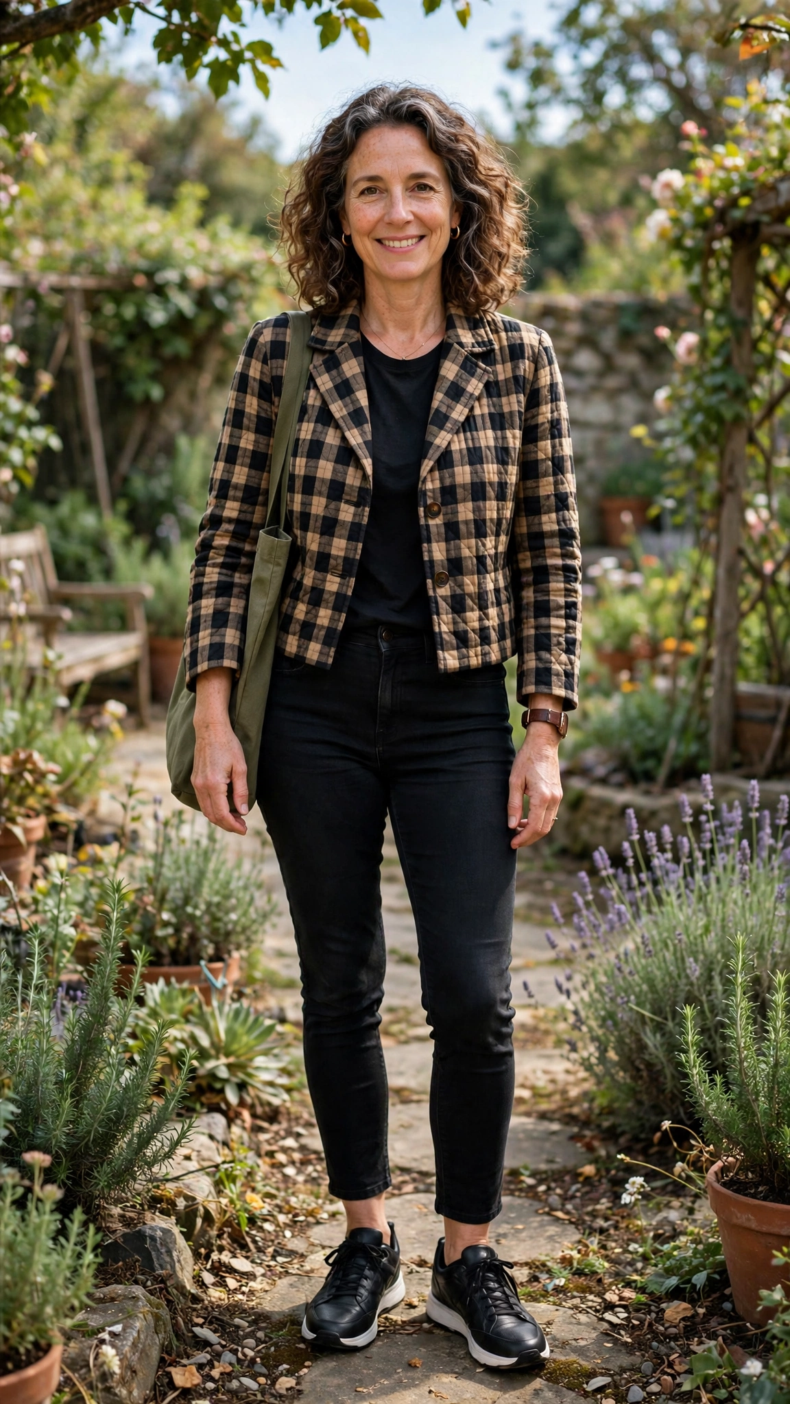Cropped check jacket with black slim jeans