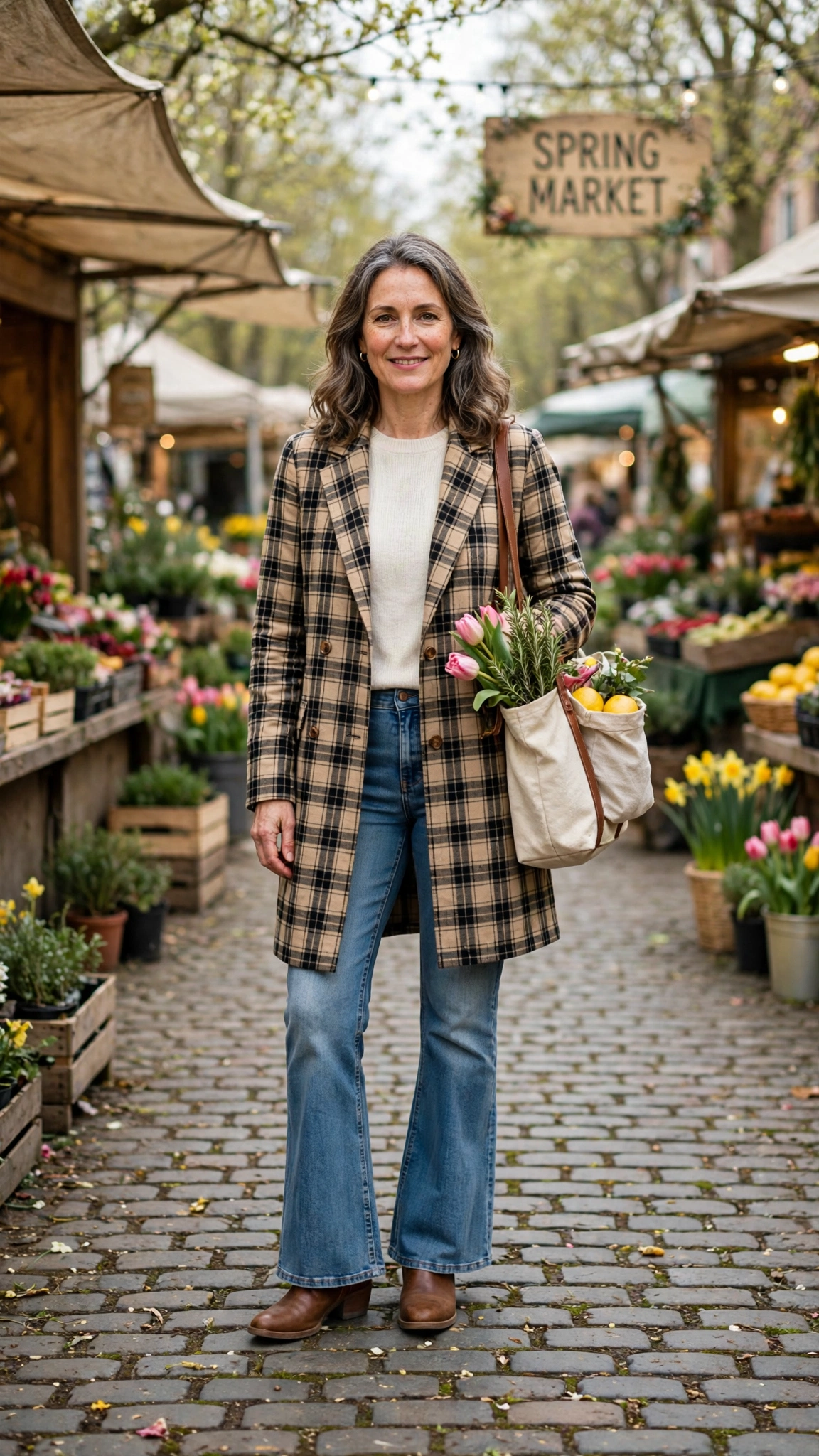 Longline check jacket with flared jeans