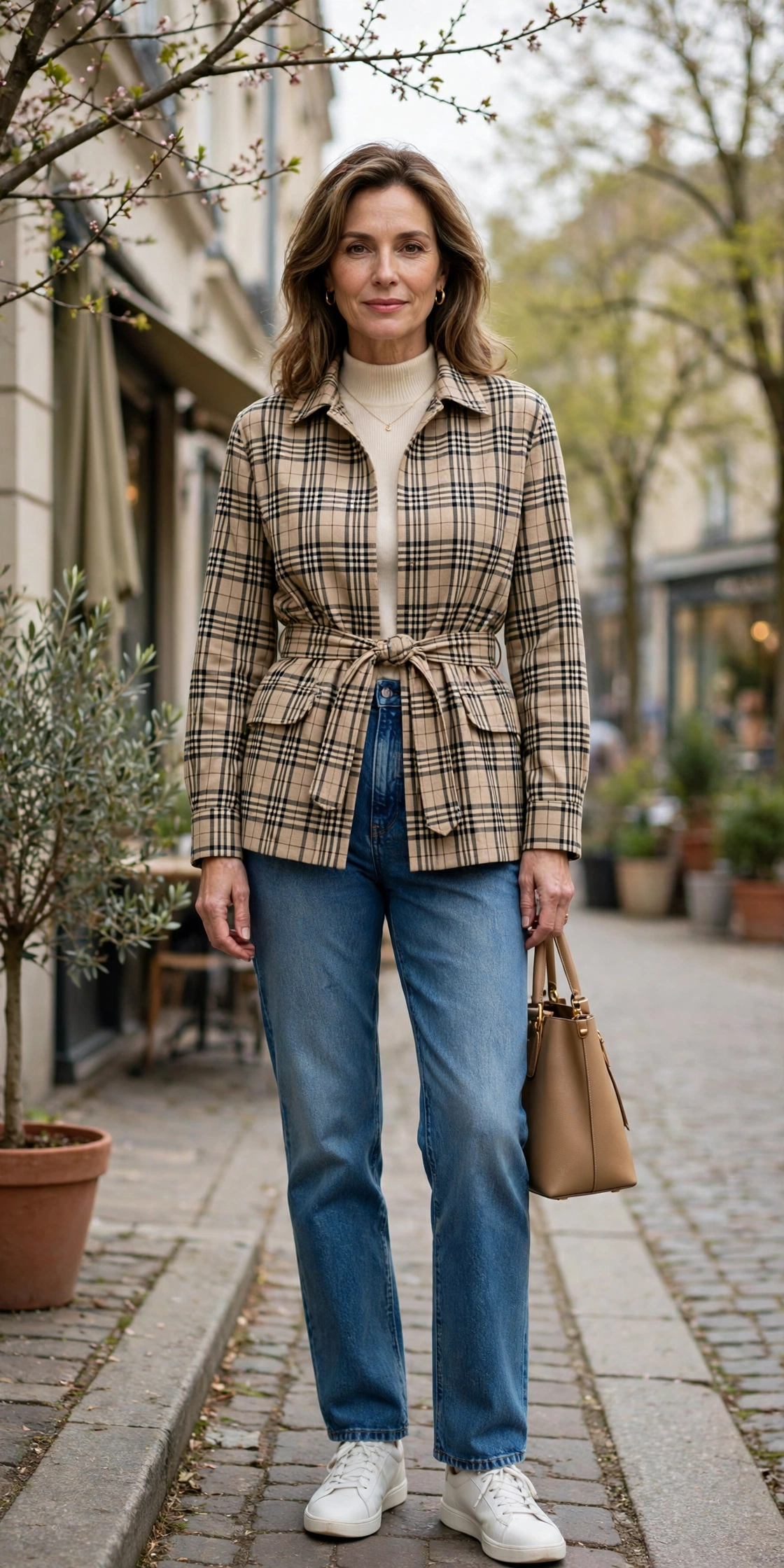 Belted check jacket with high-waisted jeans