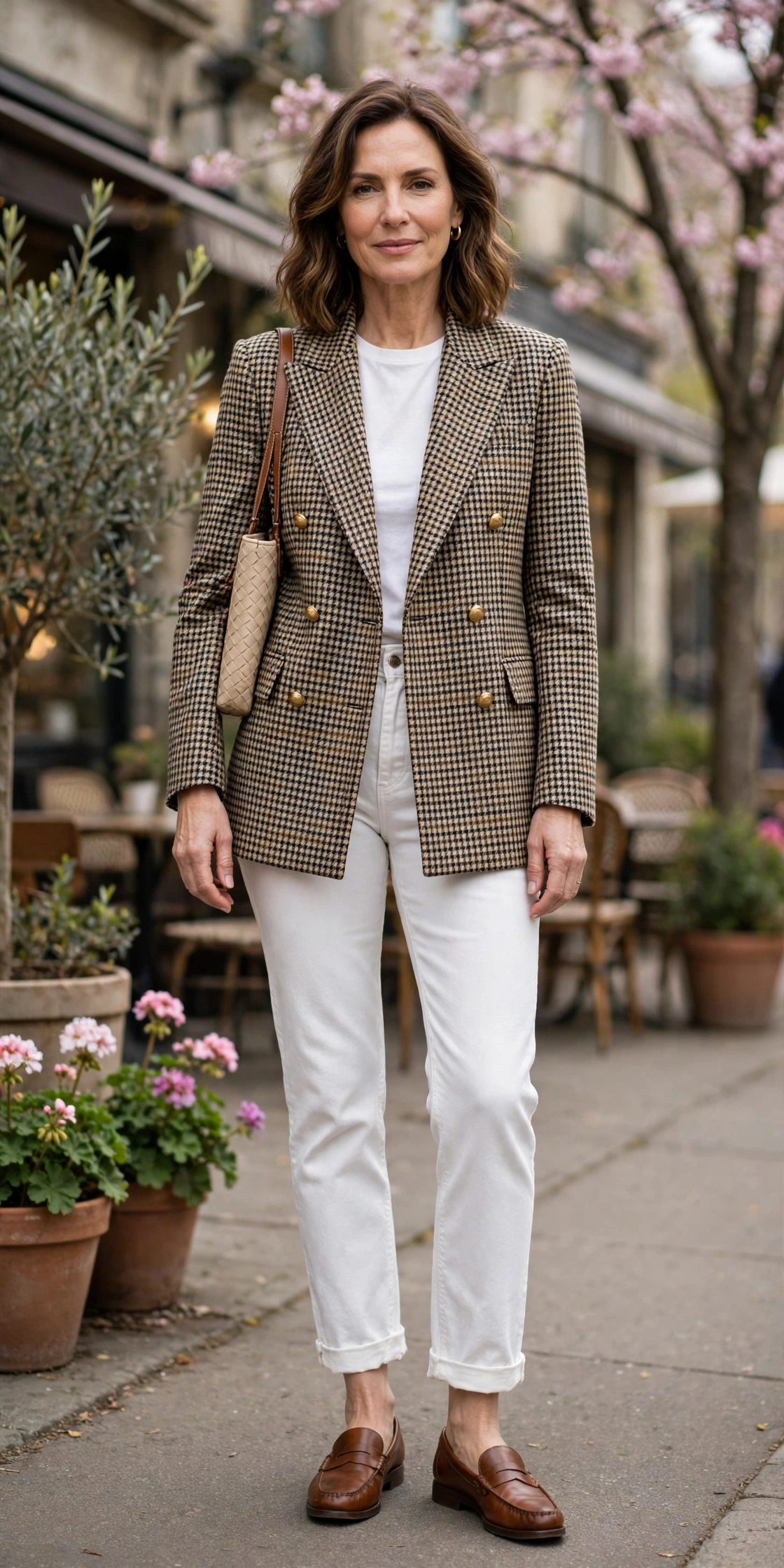 Double-breasted check blazer with white jeans