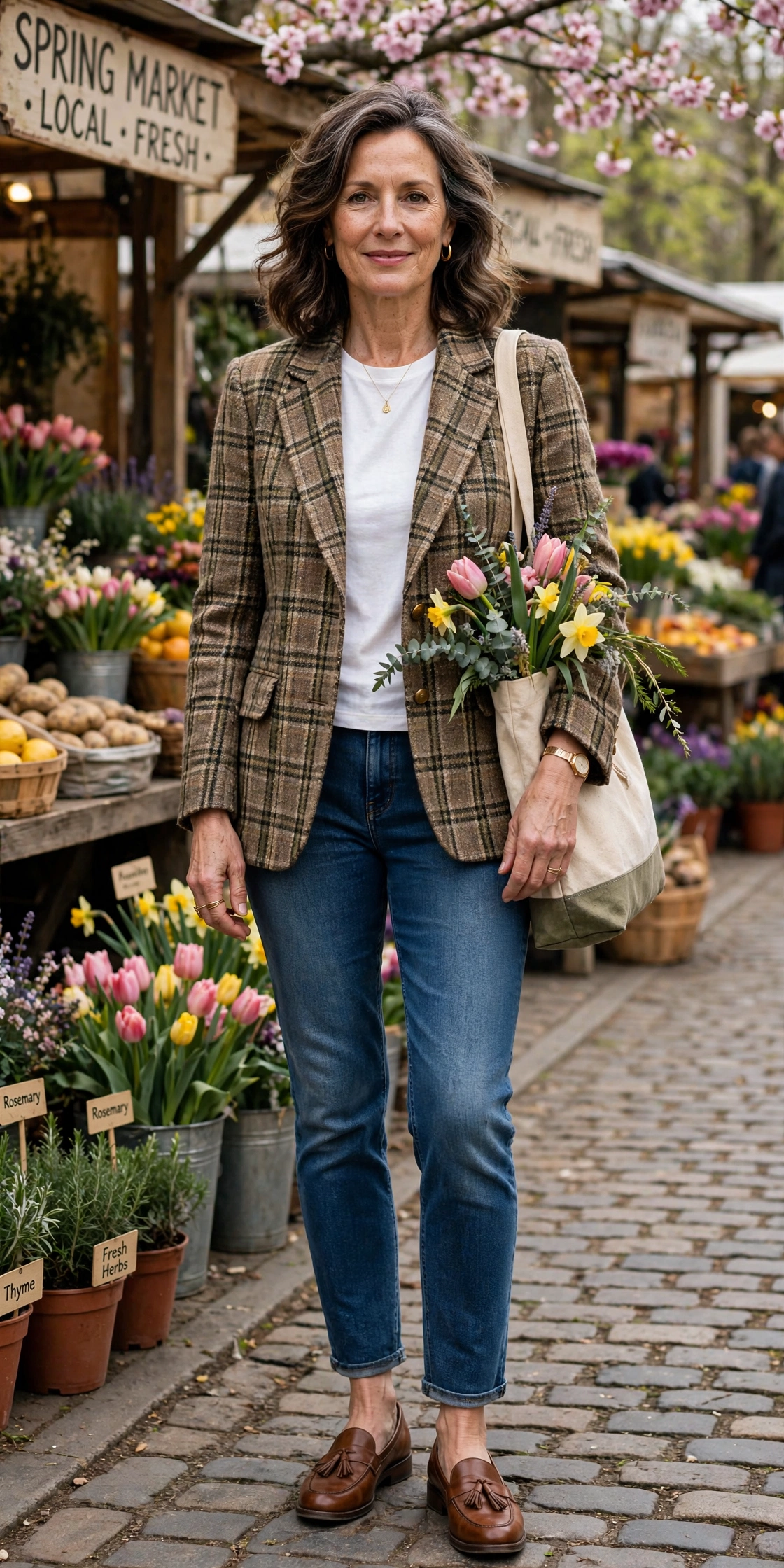 Tweed check blazer with ankle jeans