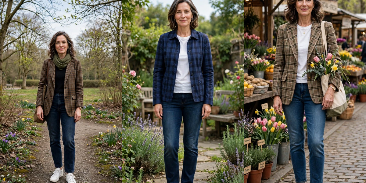 20 Women Over 40 Check Jacket and Jeans Outfits for March Outings That Are Fresh, Chic and Easy to Wear
