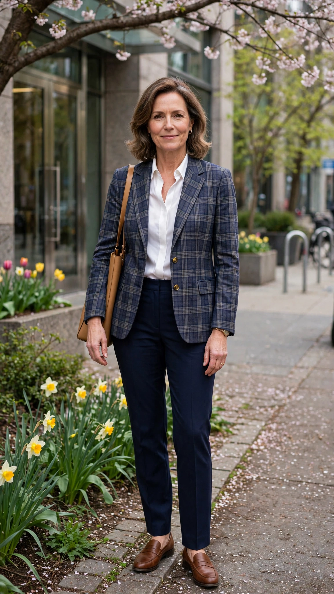 Checked single-breasted blazer with navy trousers