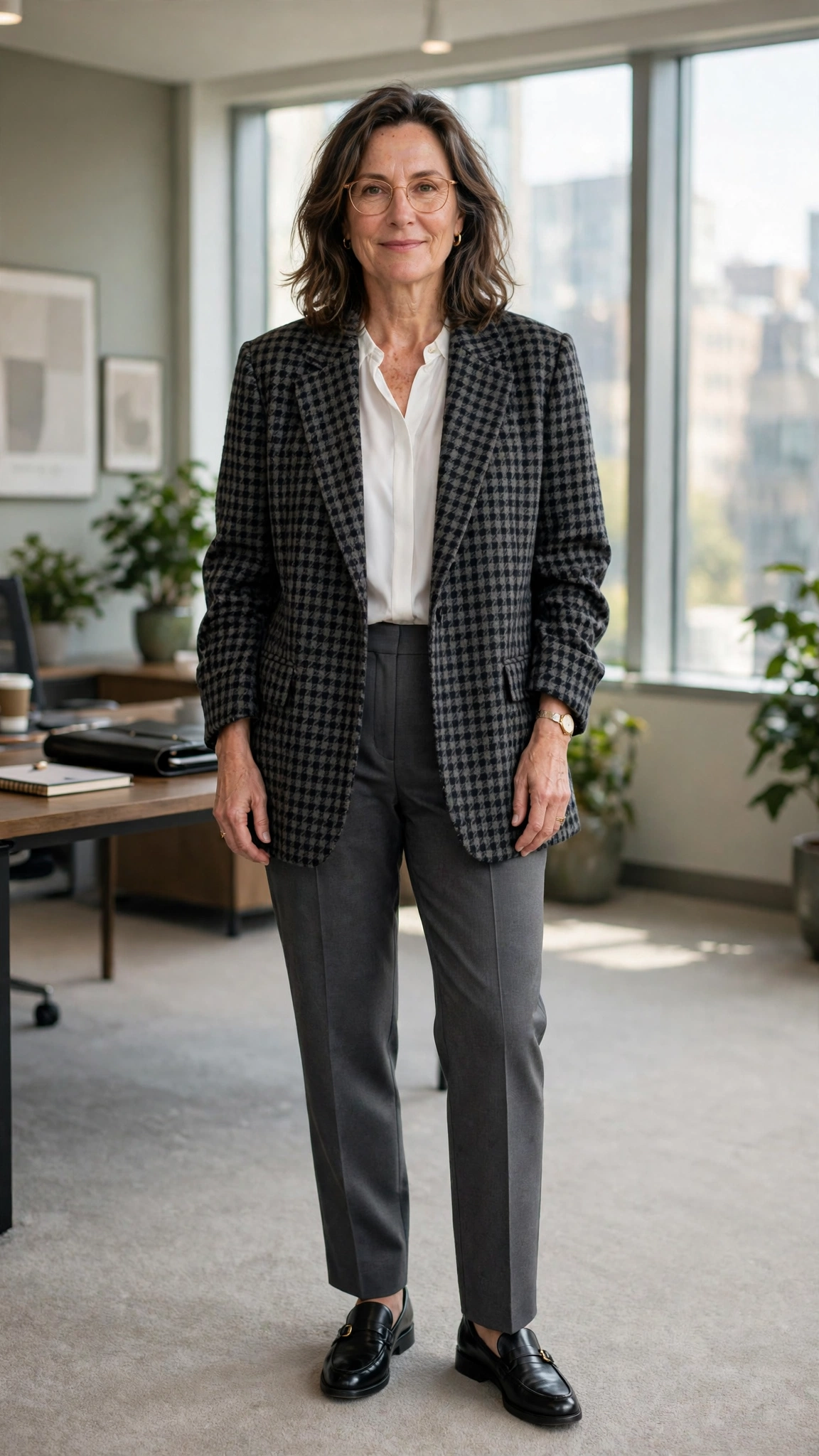 Checked oversized blazer with charcoal trousers