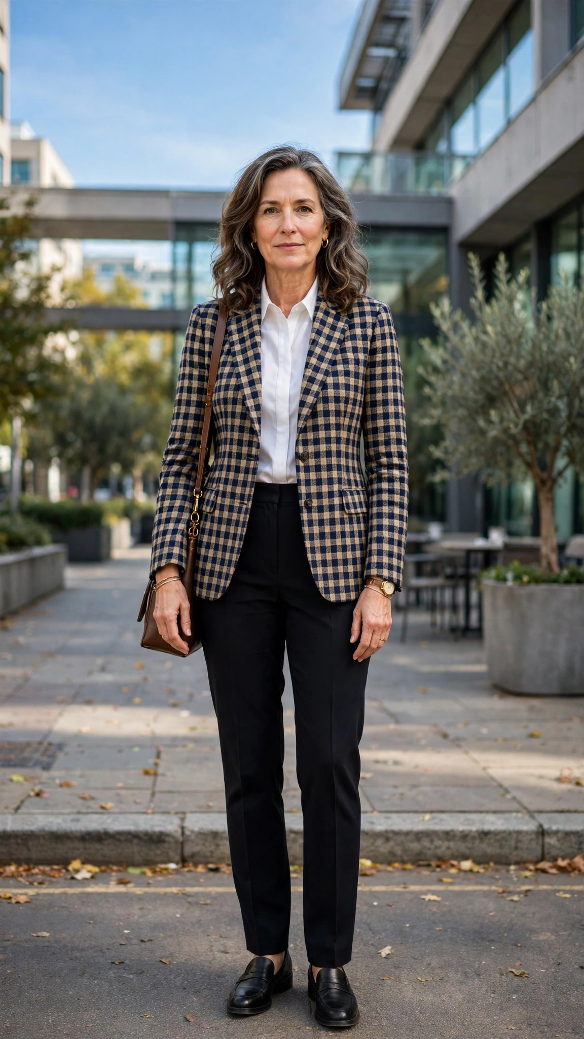 Checked fitted blazer with black tailored trousers