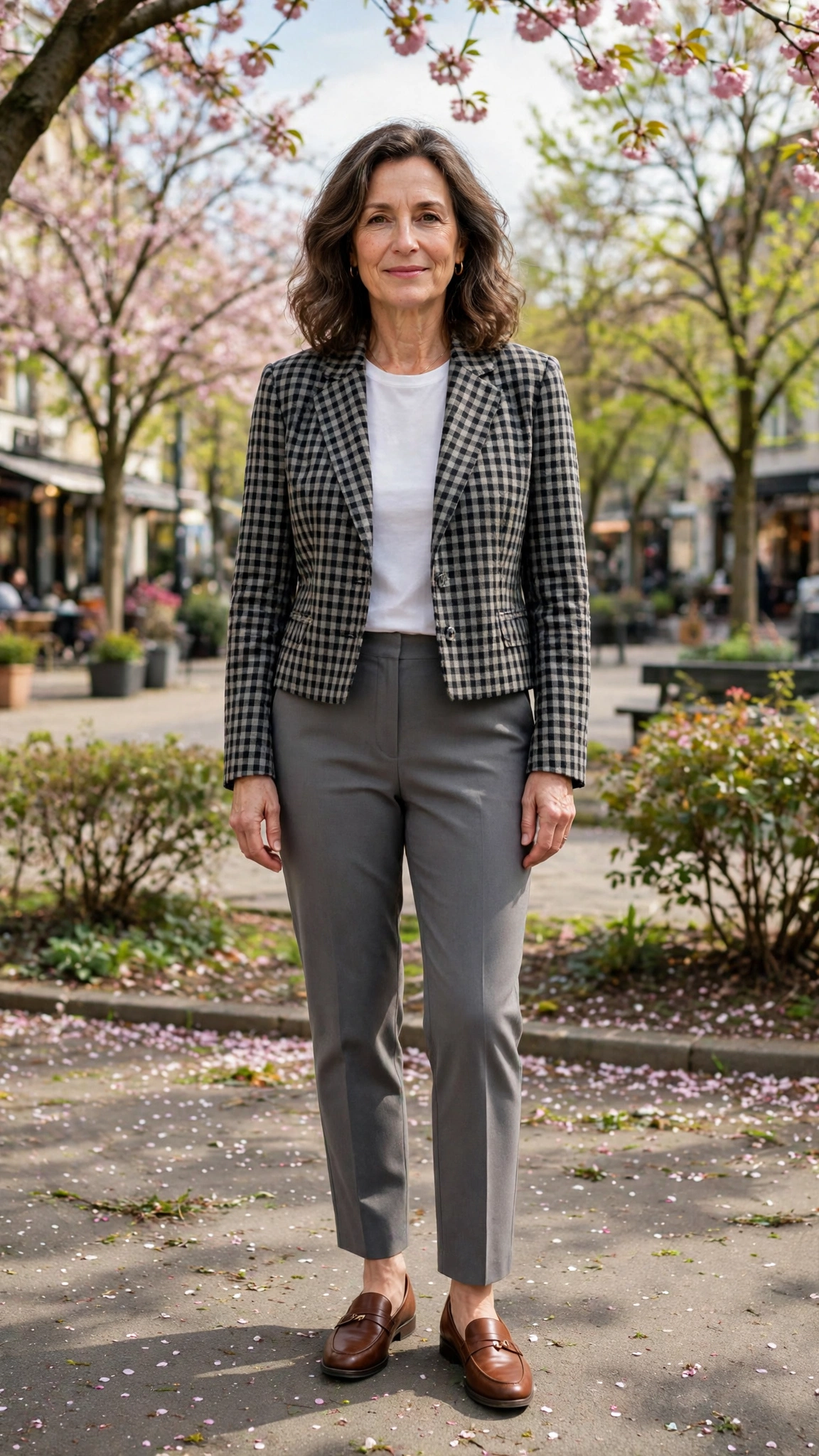 Checked cropped blazer with grey trousers
