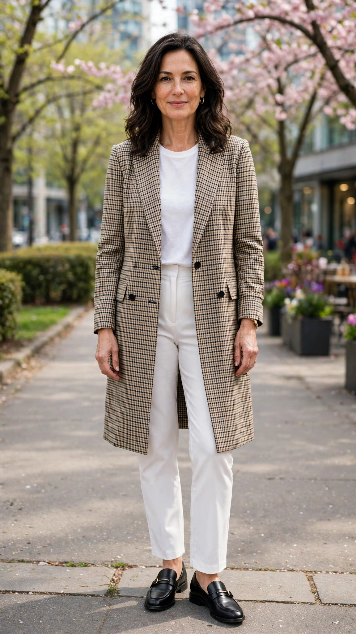 Checked longline blazer with white trousers