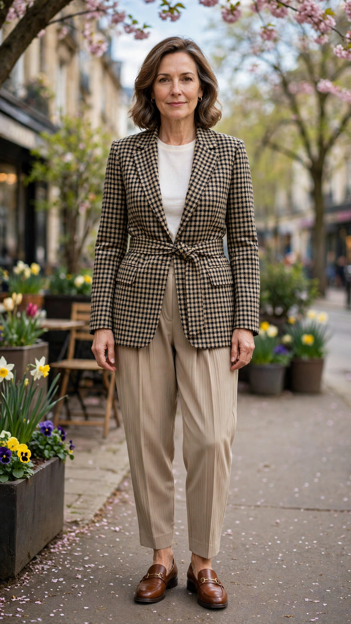 Checked belted blazer with pleated trousers