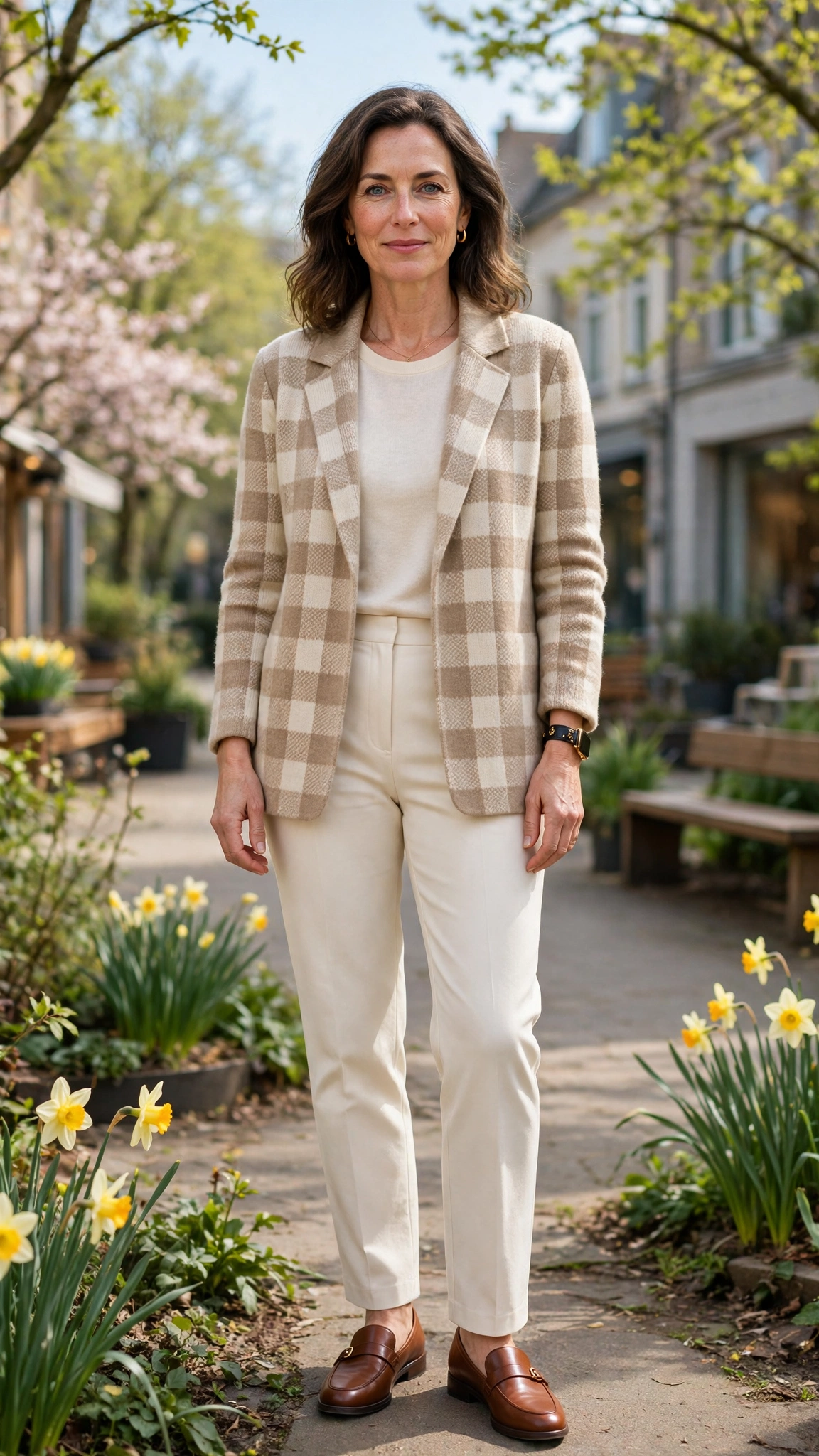 Checked soft knit blazer with cream trousers