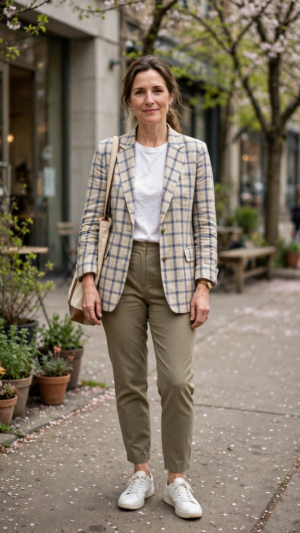 Checked linen blazer with tapered trousers