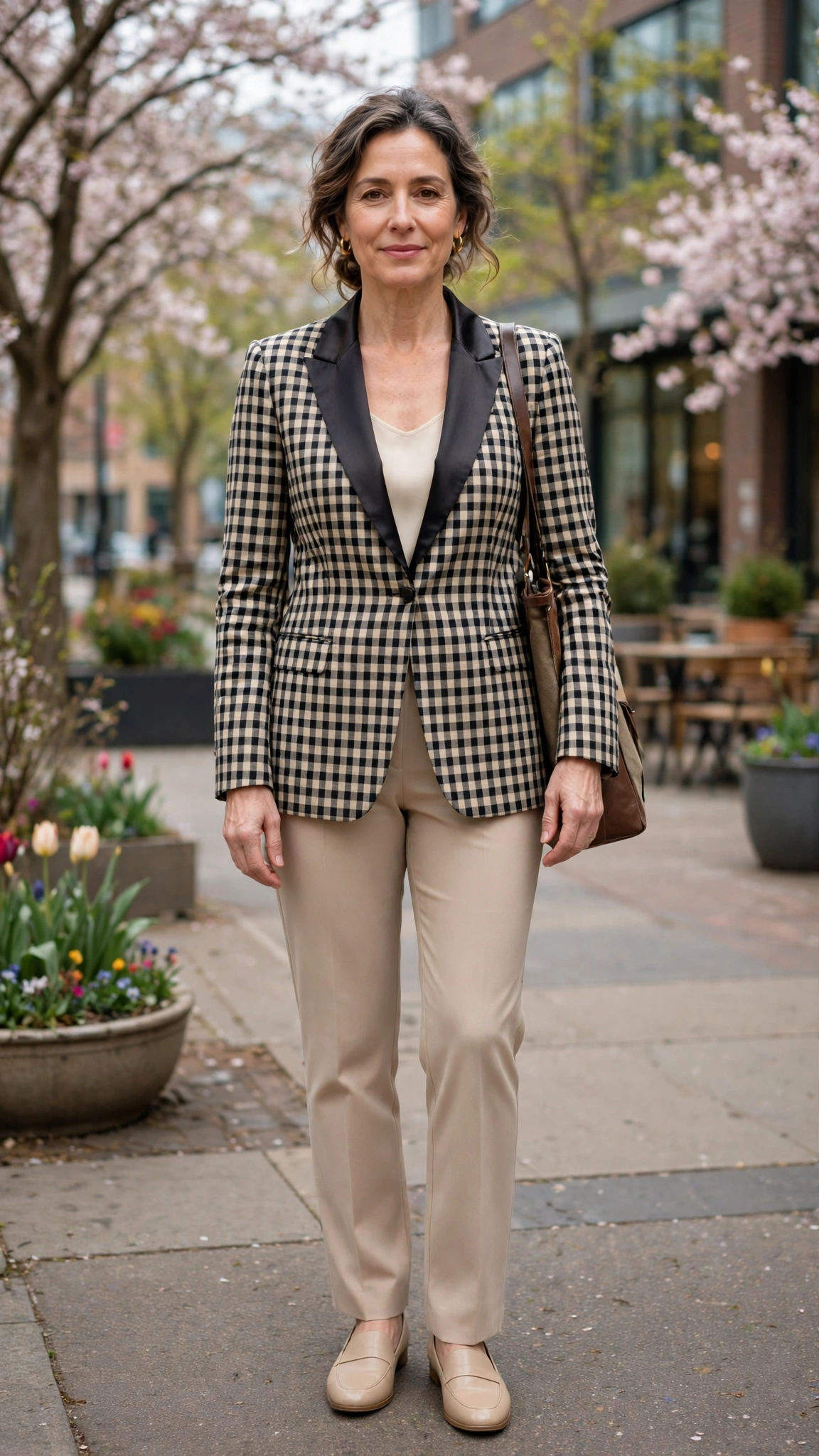 Checked satin-lapel blazer with beige trousers