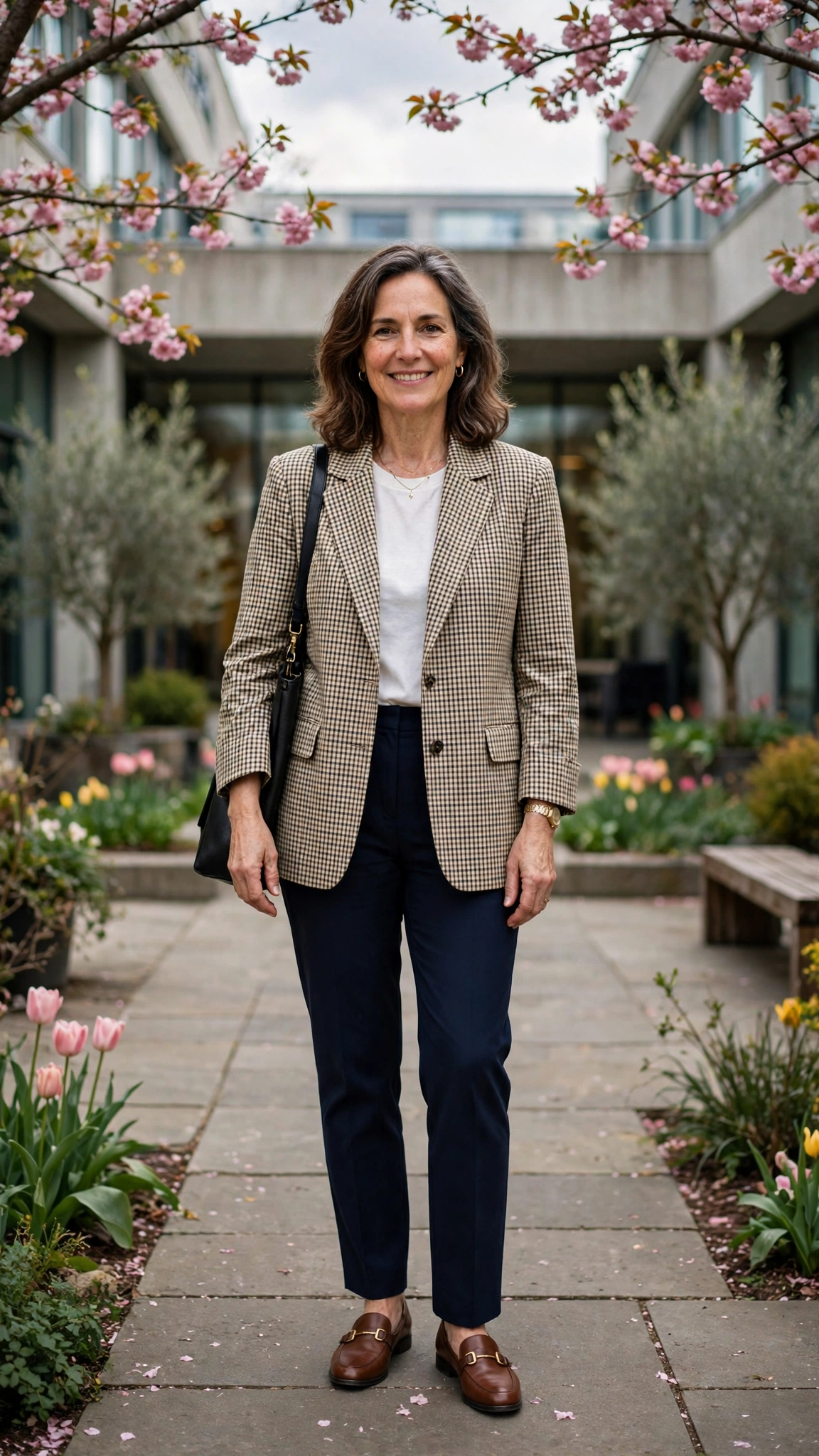 Checked boxy blazer with navy trousers