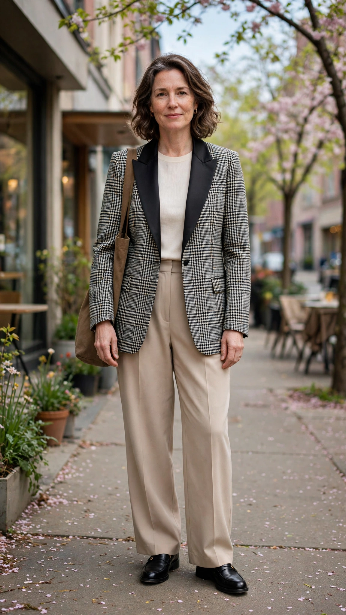 Checked tuxedo-style blazer with wide-leg trousers
