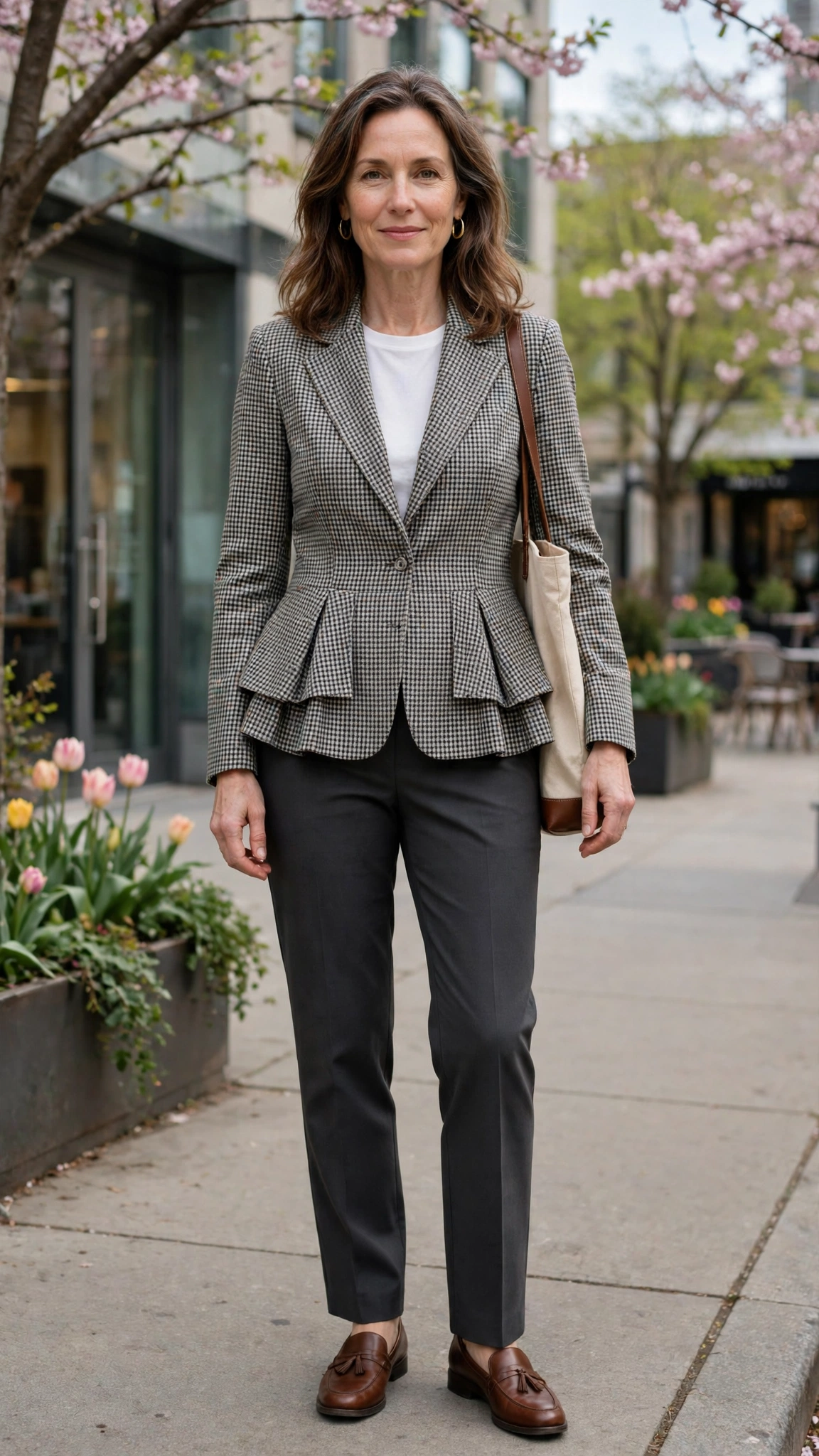 Checked peplum blazer with charcoal trousers