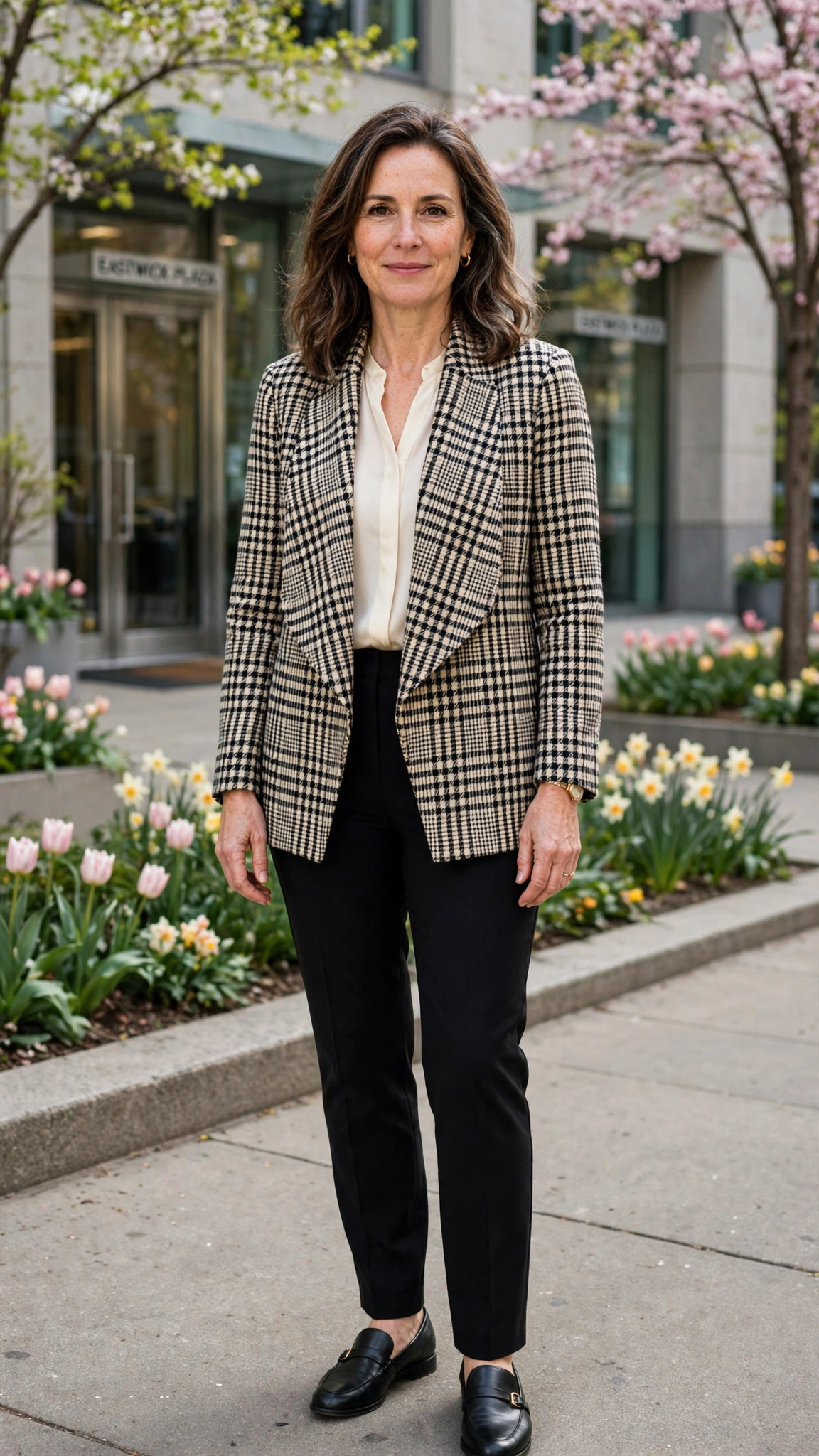 Checked waterfall blazer with black tailored trousers