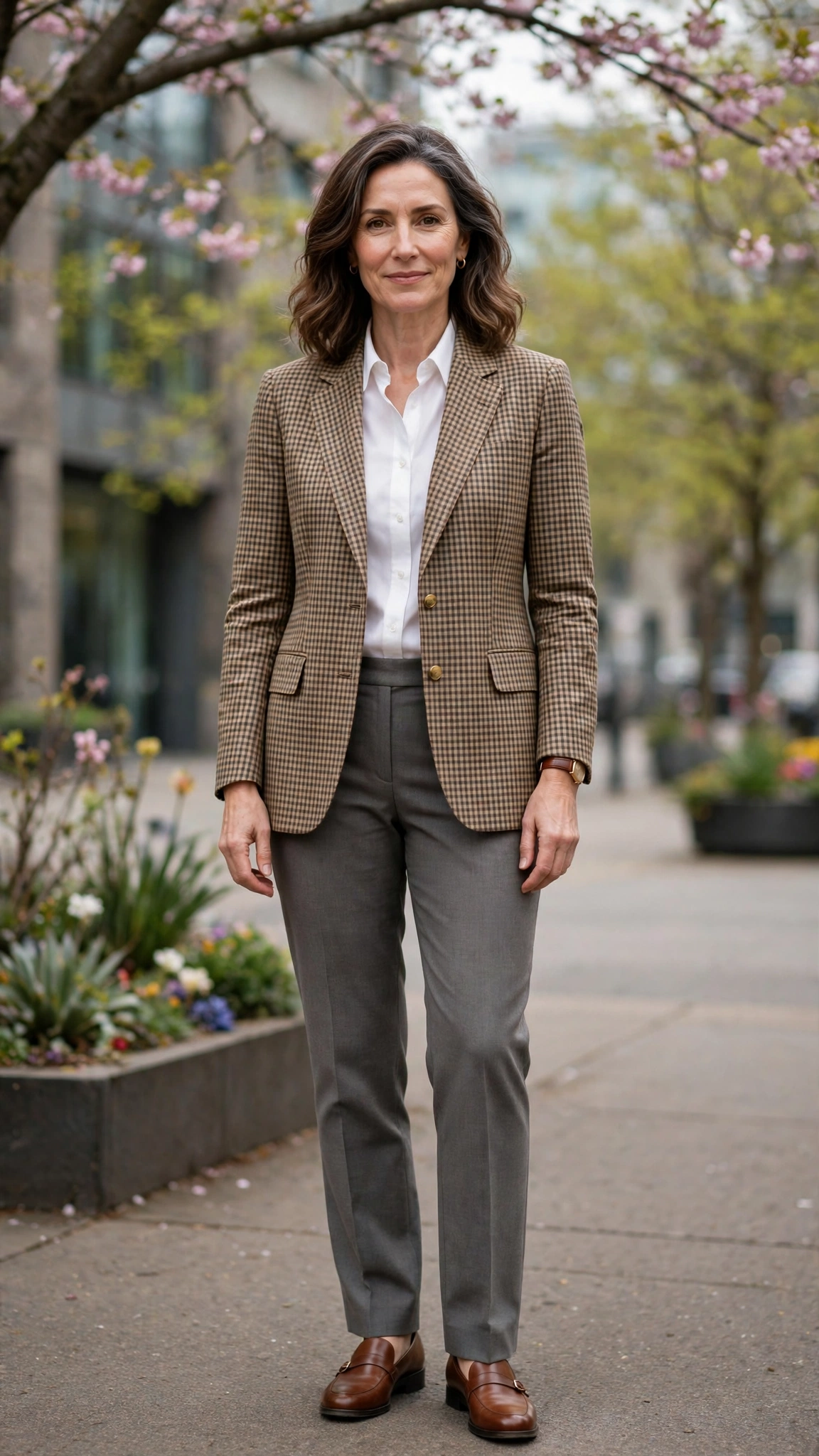 Checked classic blazer with grey trousers