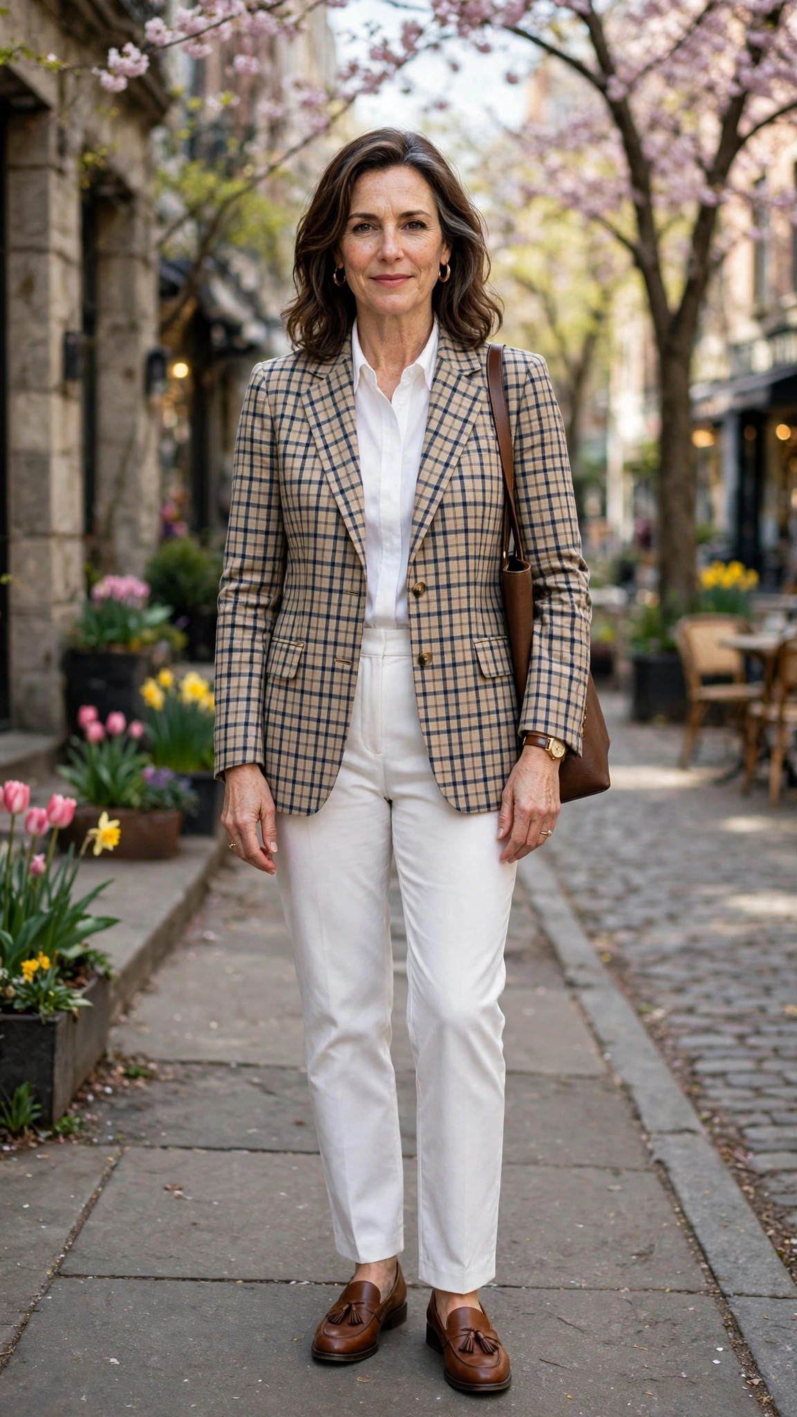 Checked single-breasted blazer with white trousers