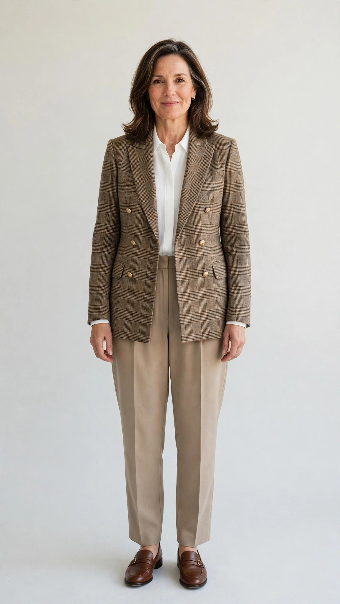 Checked double-breasted blazer with pleated trousers