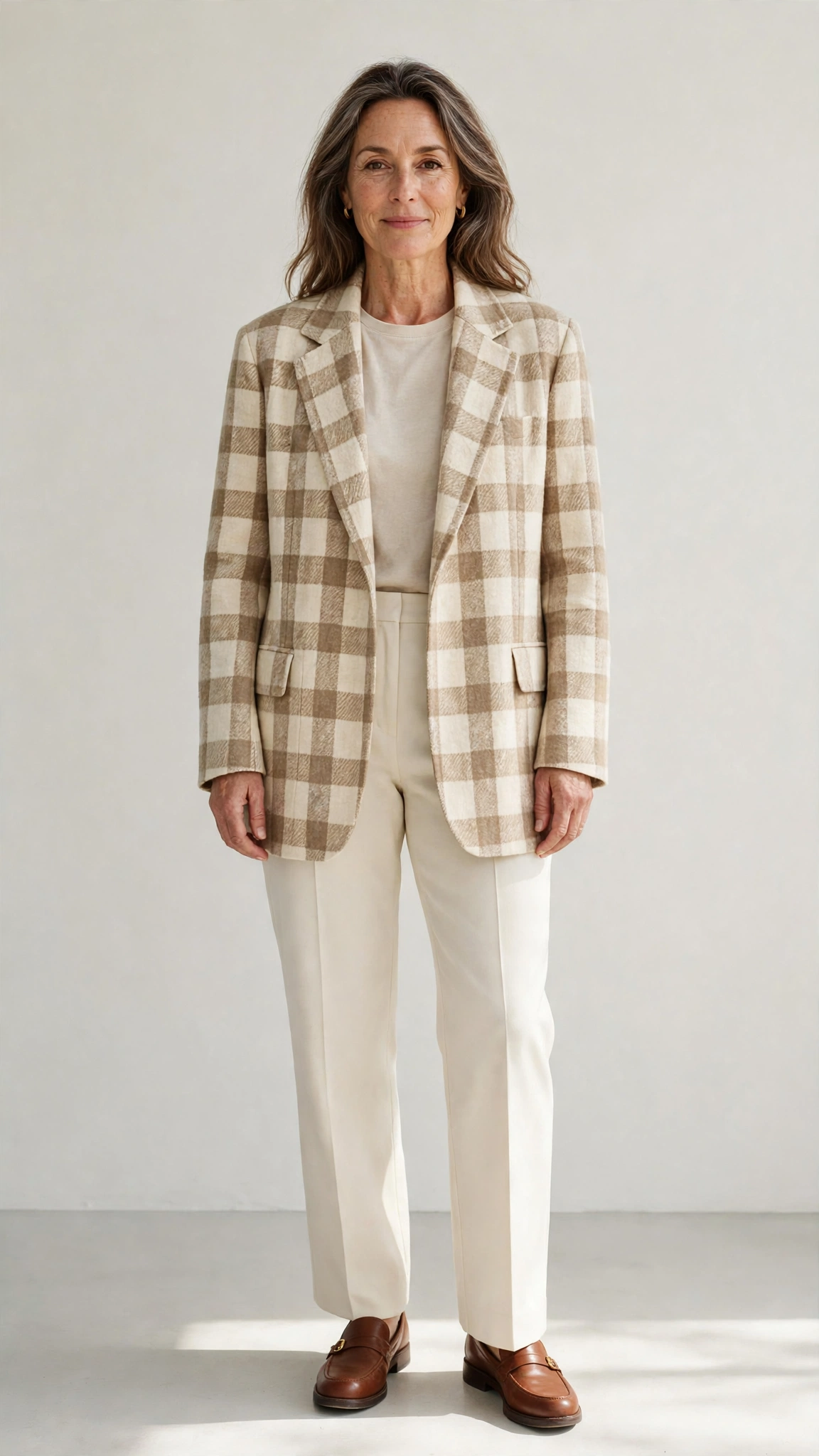 Checked oversized blazer with cream trousers