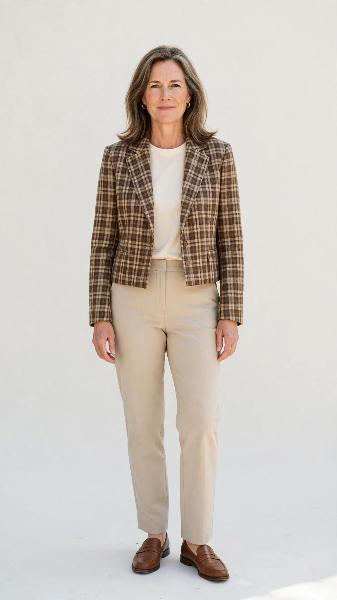 Checked cropped blazer with beige trousers