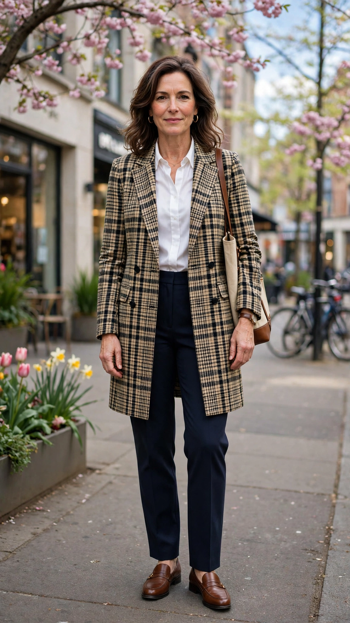 Checked longline blazer with navy trousers