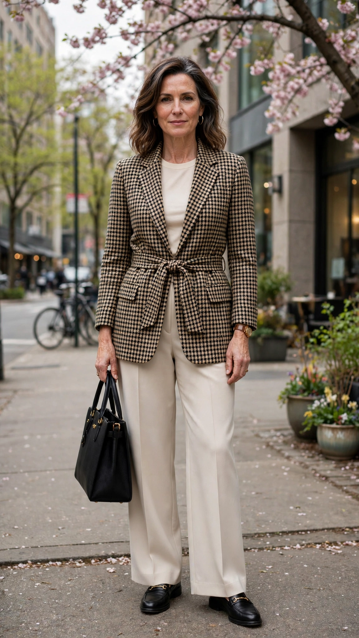 Checked belted blazer with wide-leg trousers