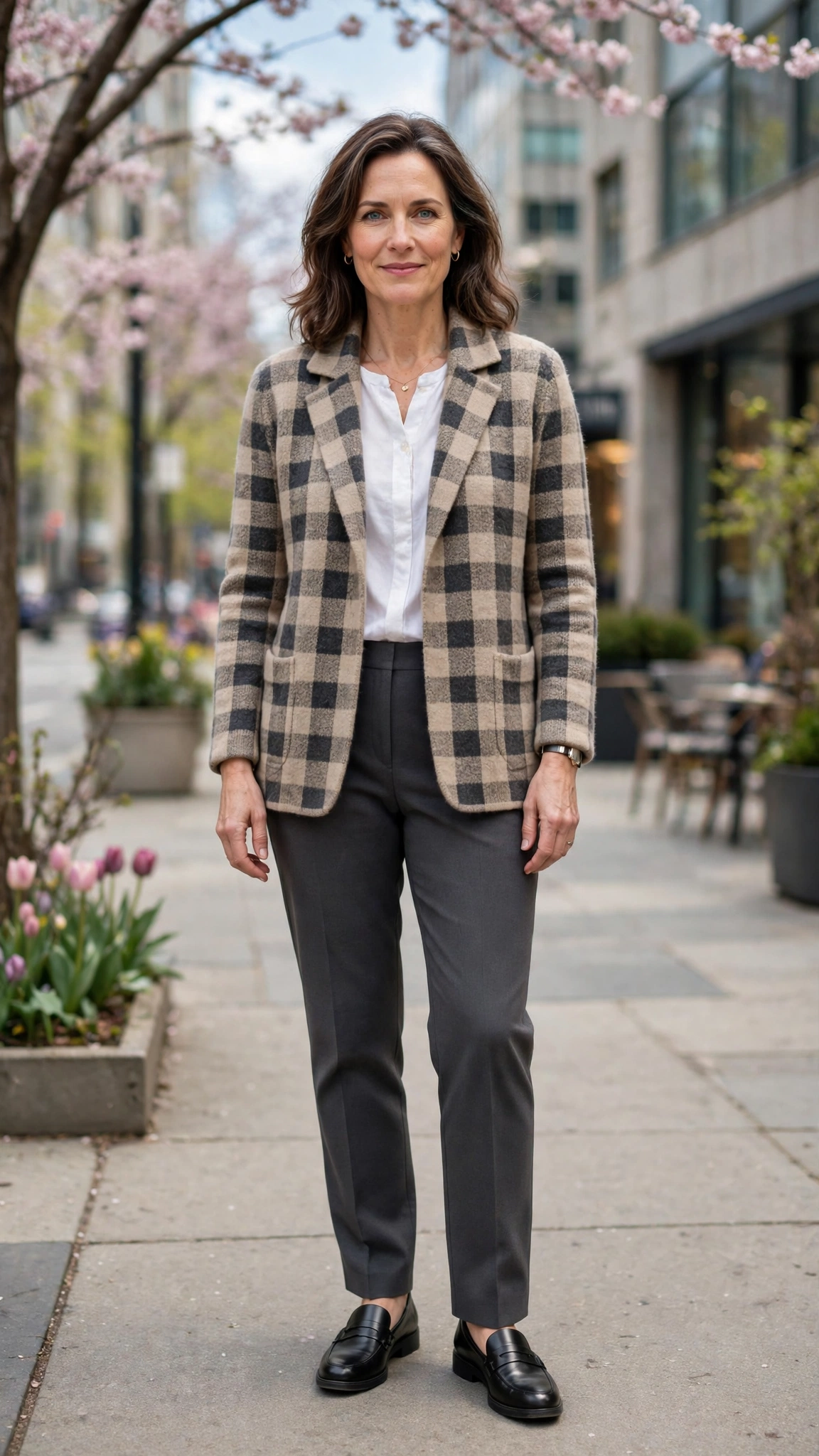 Checked soft knit blazer with charcoal trousers
