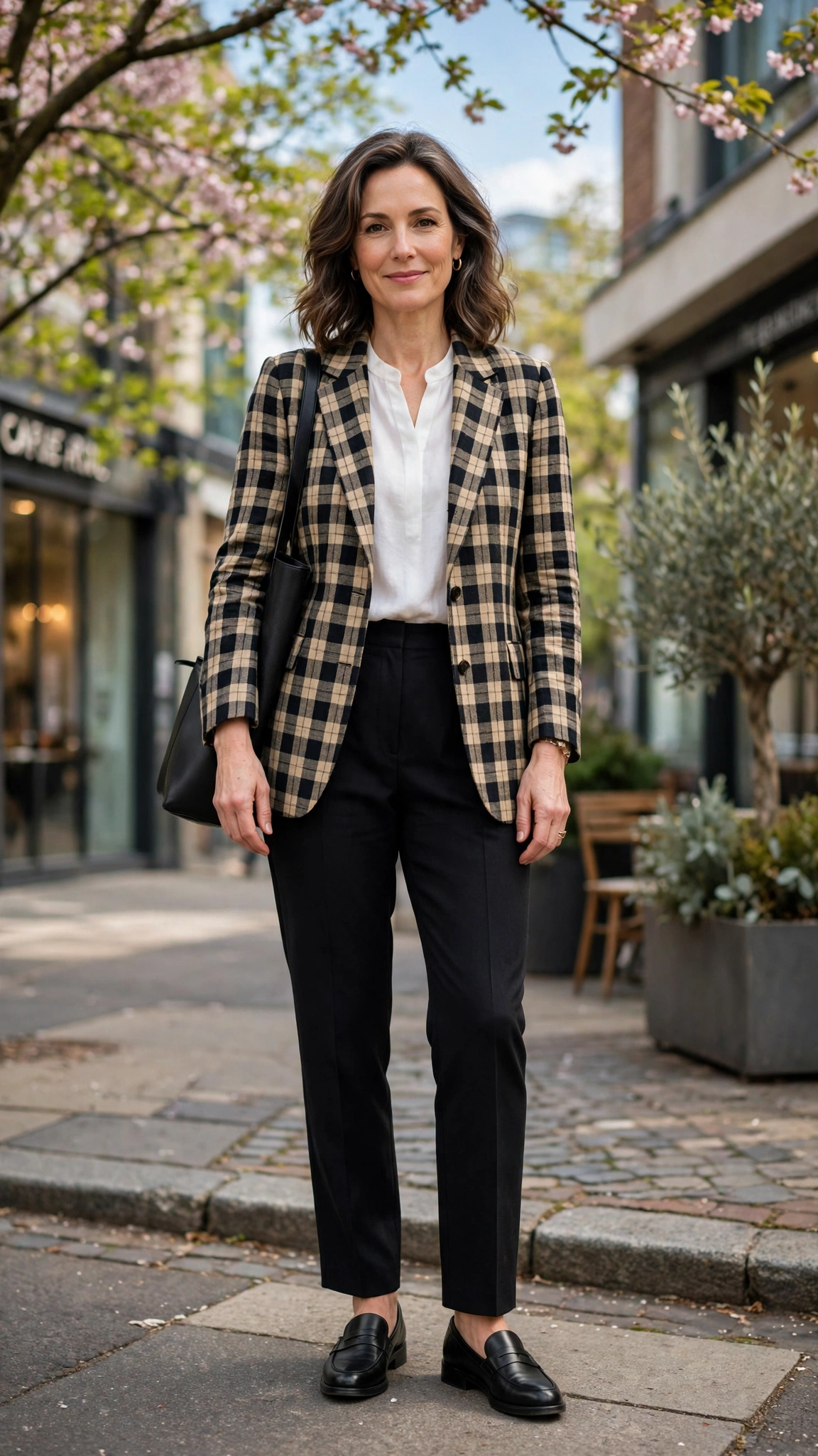 Checked linen blazer with black tailored trousers